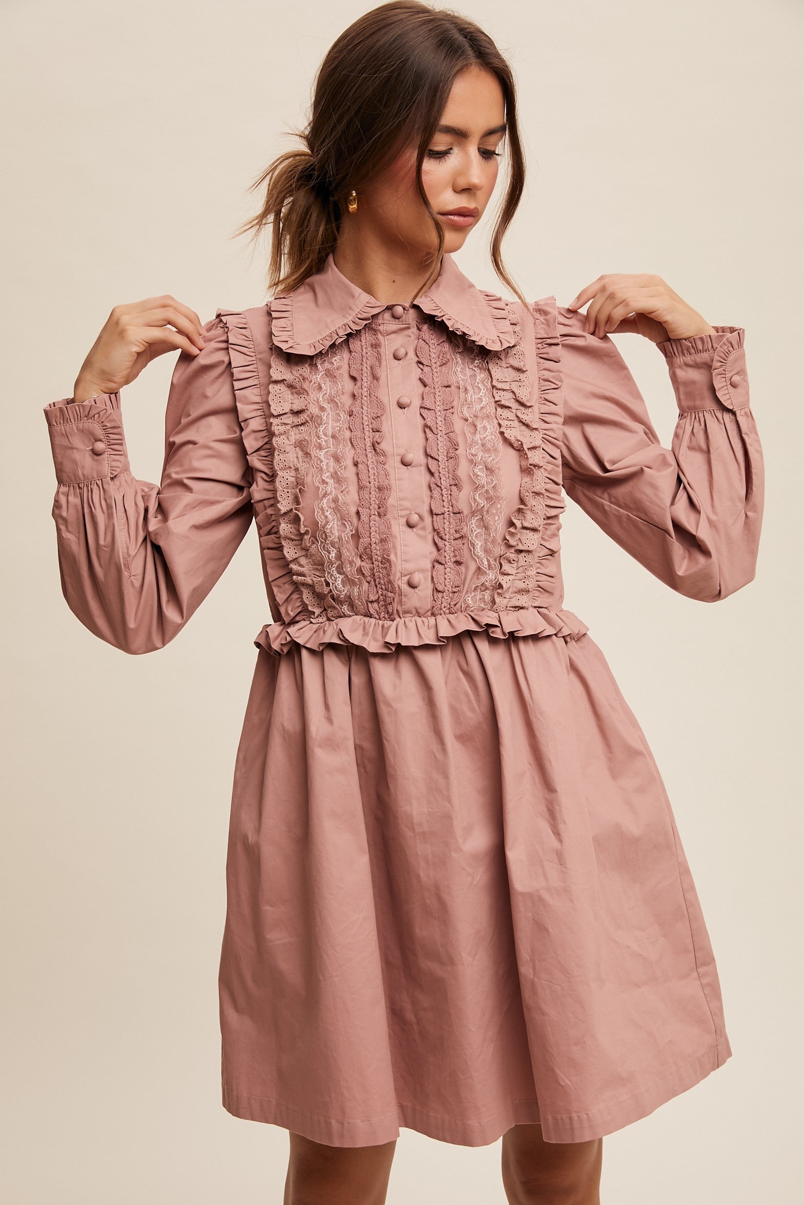 Button Up Ruffle Trim Accents Poplin Mini Dress - Michigan Southern Charm