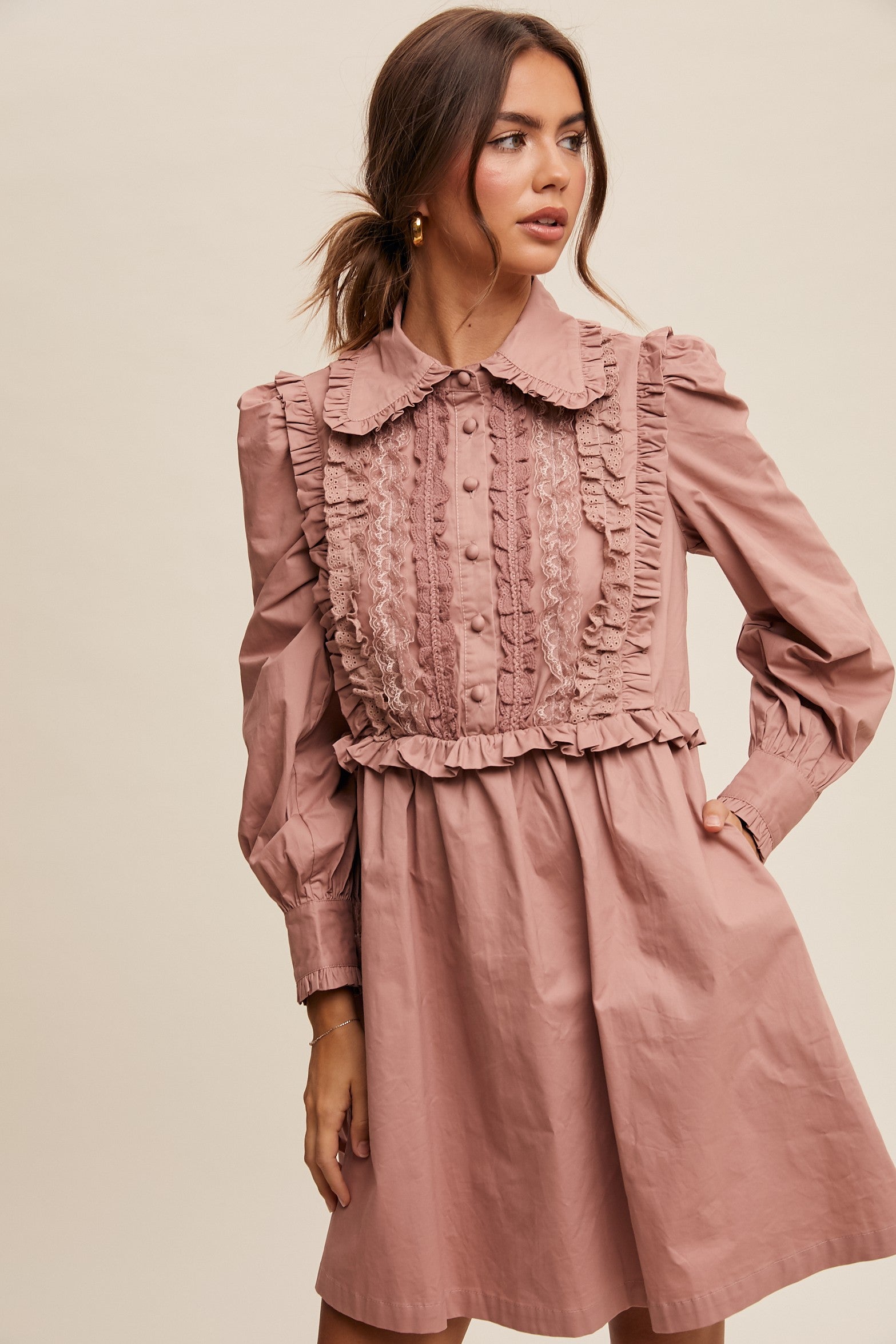 Button Up Ruffle Trim Accents Poplin Mini Dress - Michigan Southern Charm