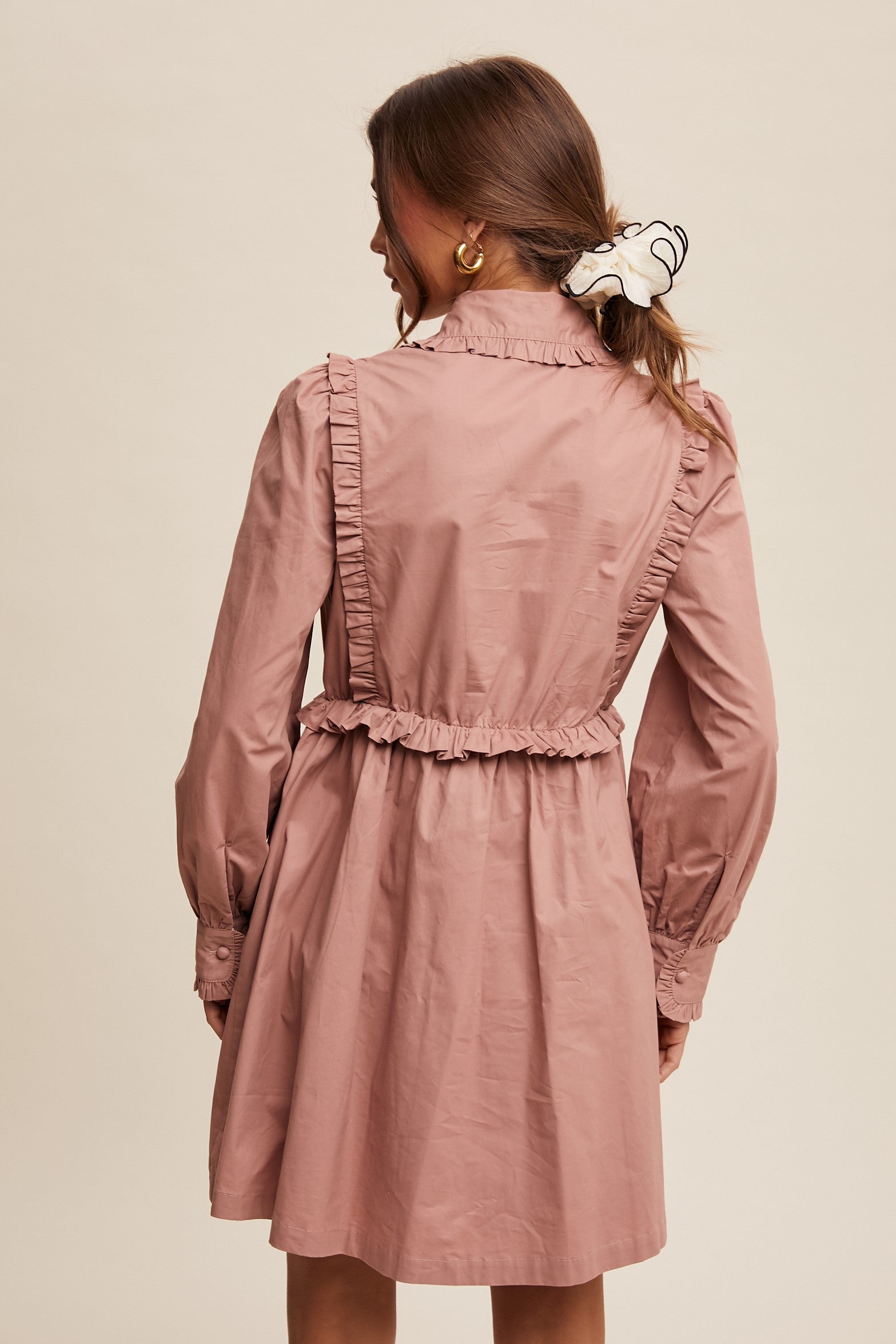 Button Up Ruffle Trim Accents Poplin Mini Dress - Michigan Southern Charm