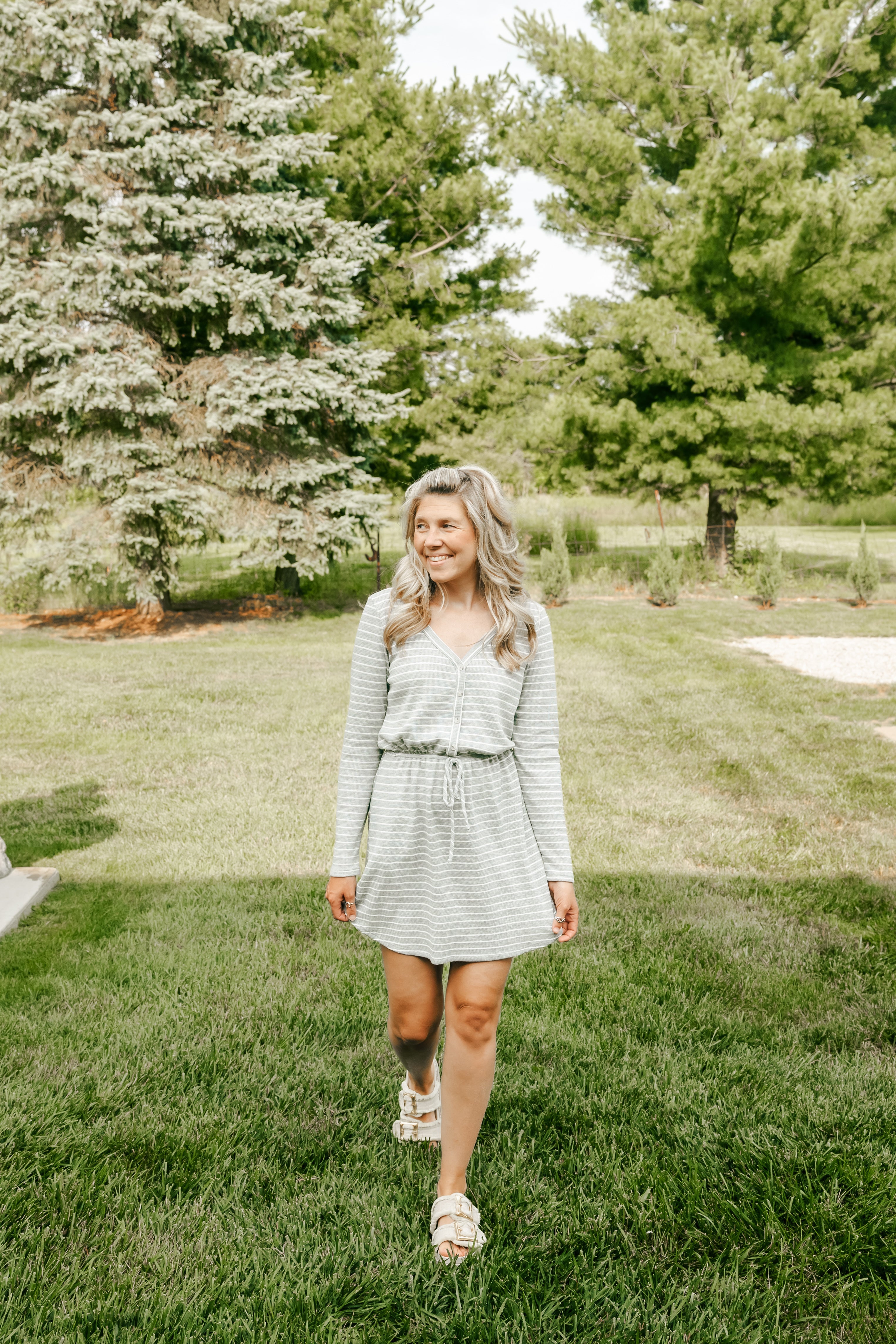 Striped Grey & White Side Pocket Dress - Michigan Southern Charm