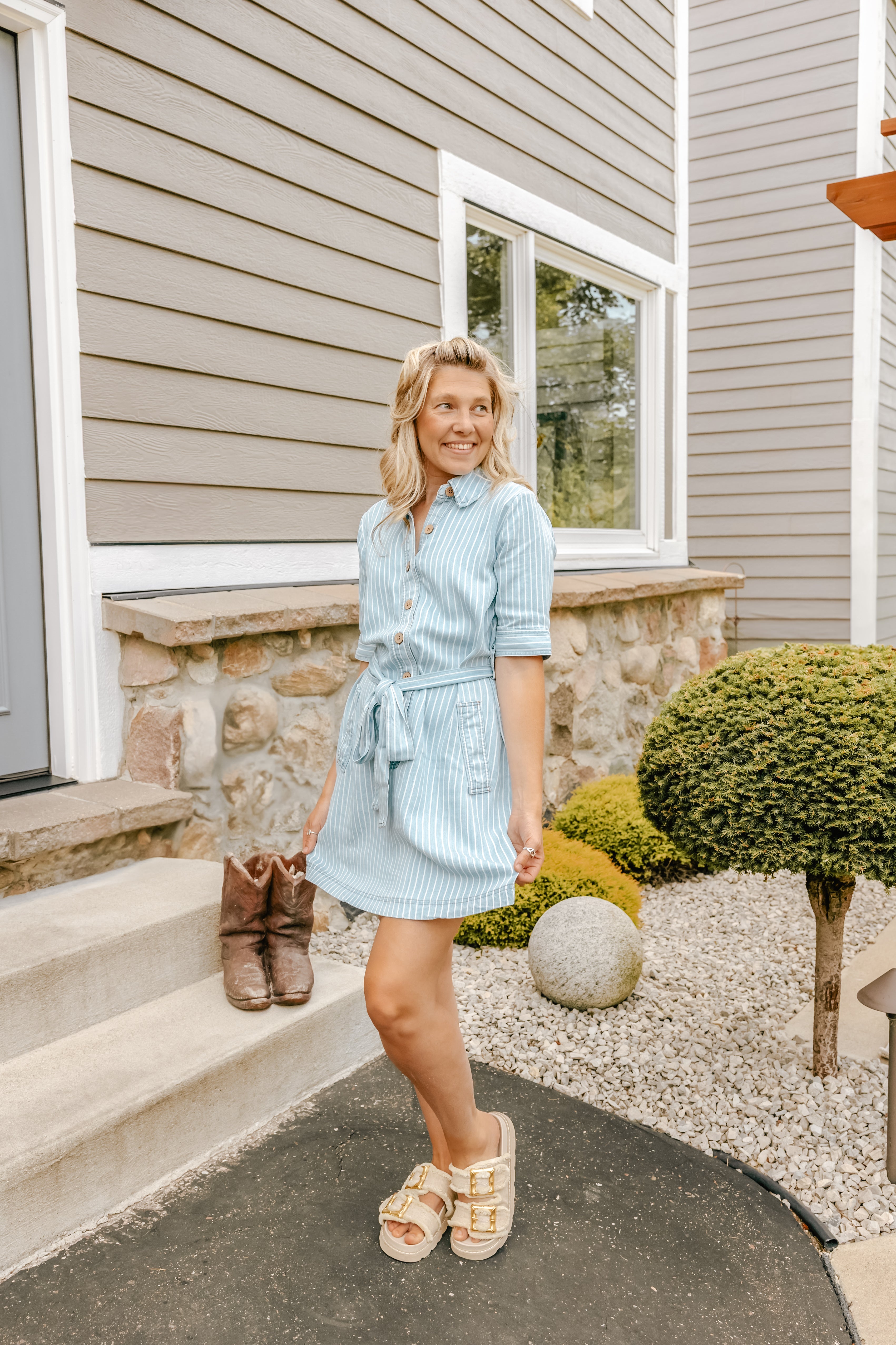 Pinstripe Collared Half Sleeve Mini Shirt Dress - Michigan Southern Charm