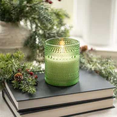 4" Pine Green Dotted Glass 3D Flame Candle