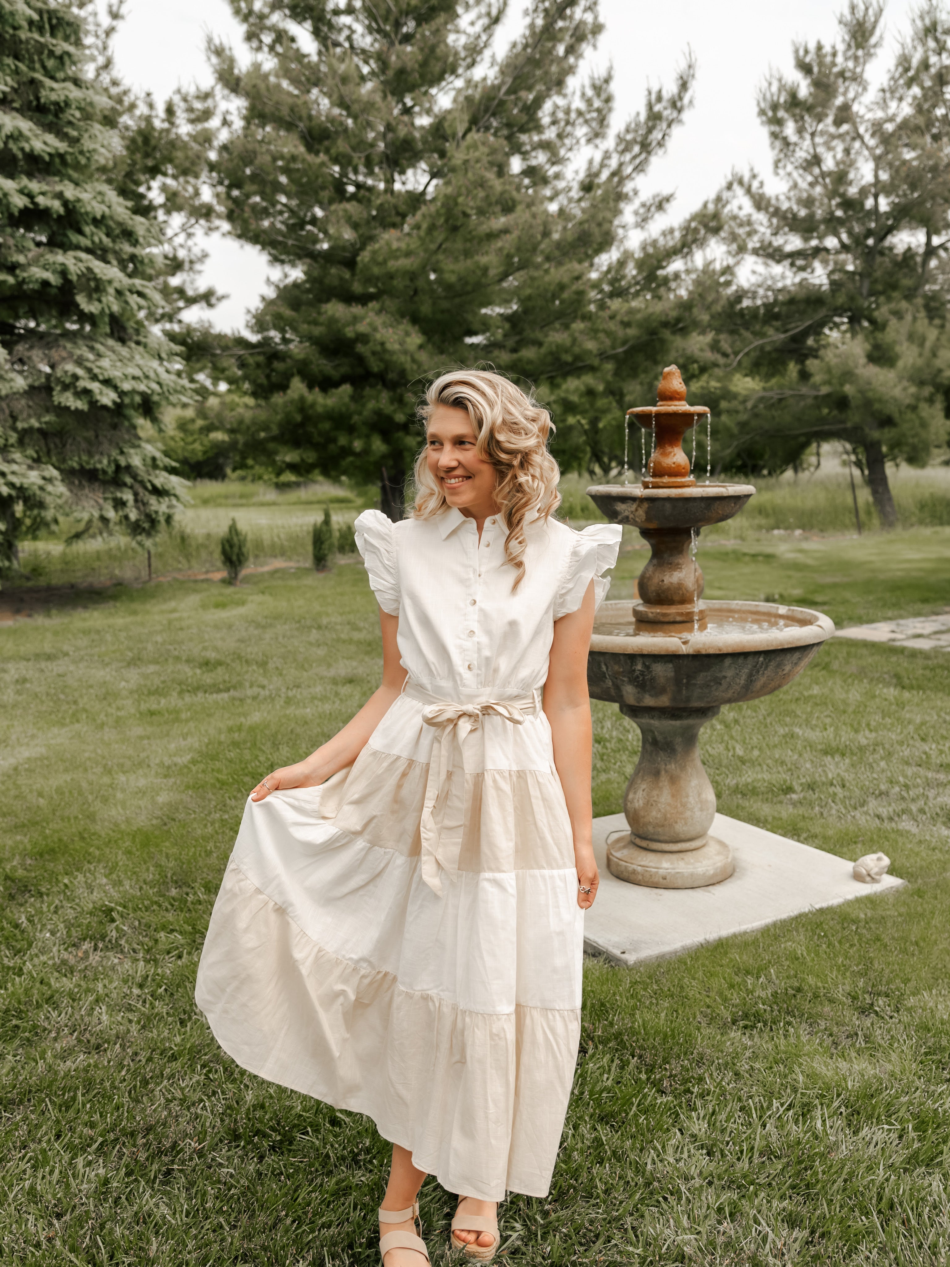 COLOR-BLOCKED COTTON MIDI DRESS WITH RUFFLES AND WAIST BELT - Michigan Southern Charm