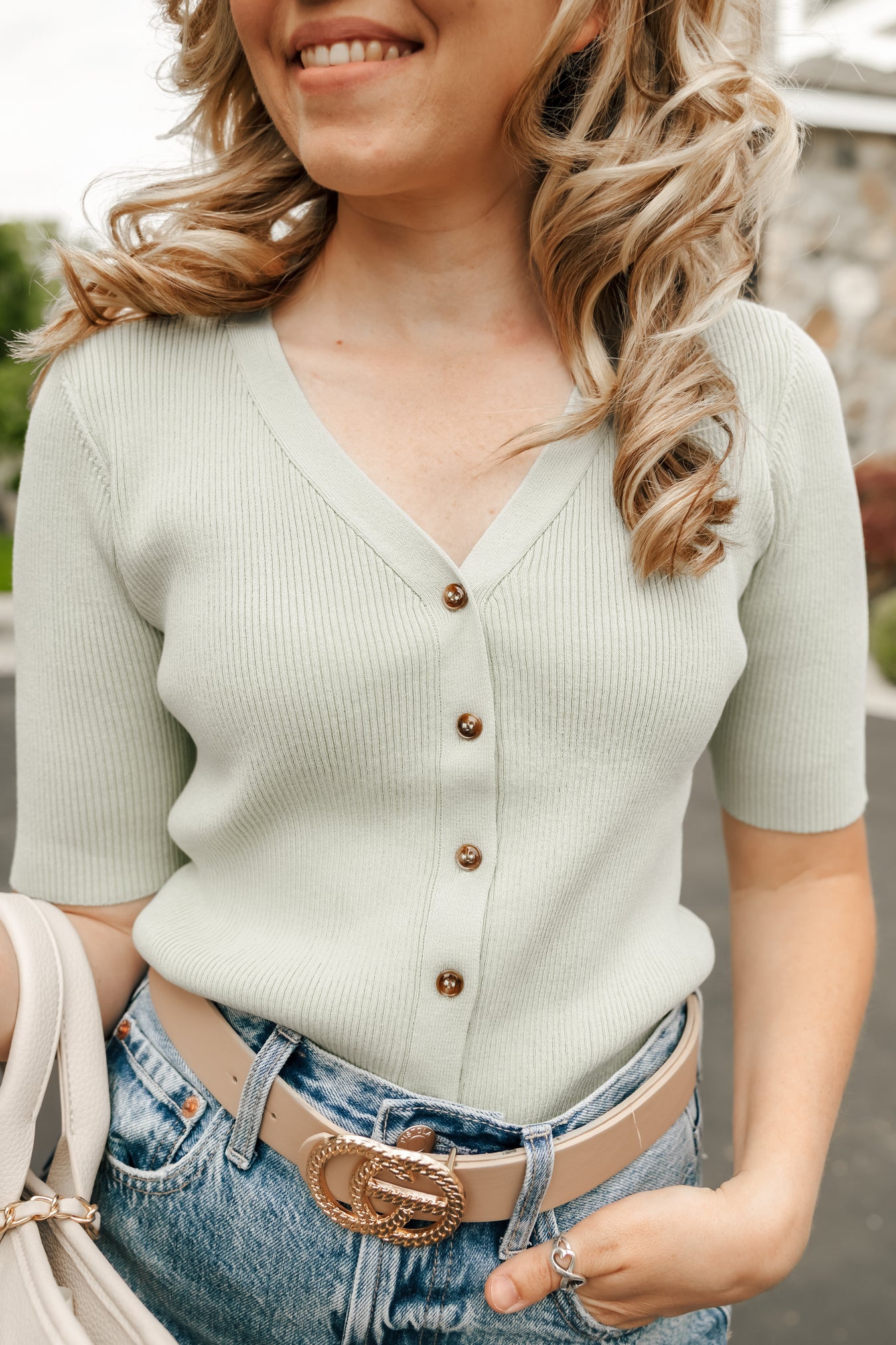 Button Down Ribbed Knit Top - Michigan Southern Charm