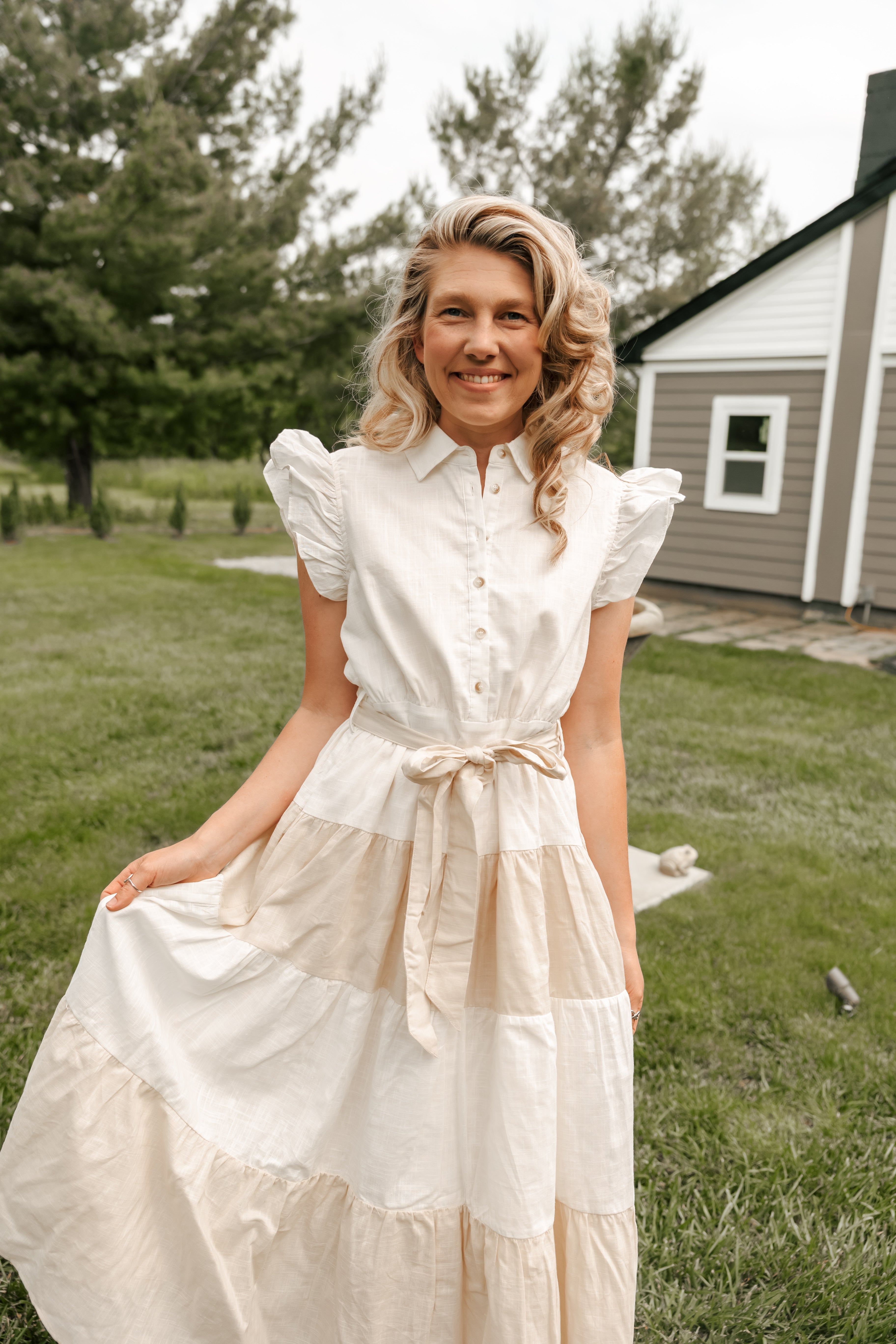 COLOR-BLOCKED COTTON MIDI DRESS WITH RUFFLES AND WAIST BELT - Michigan Southern Charm