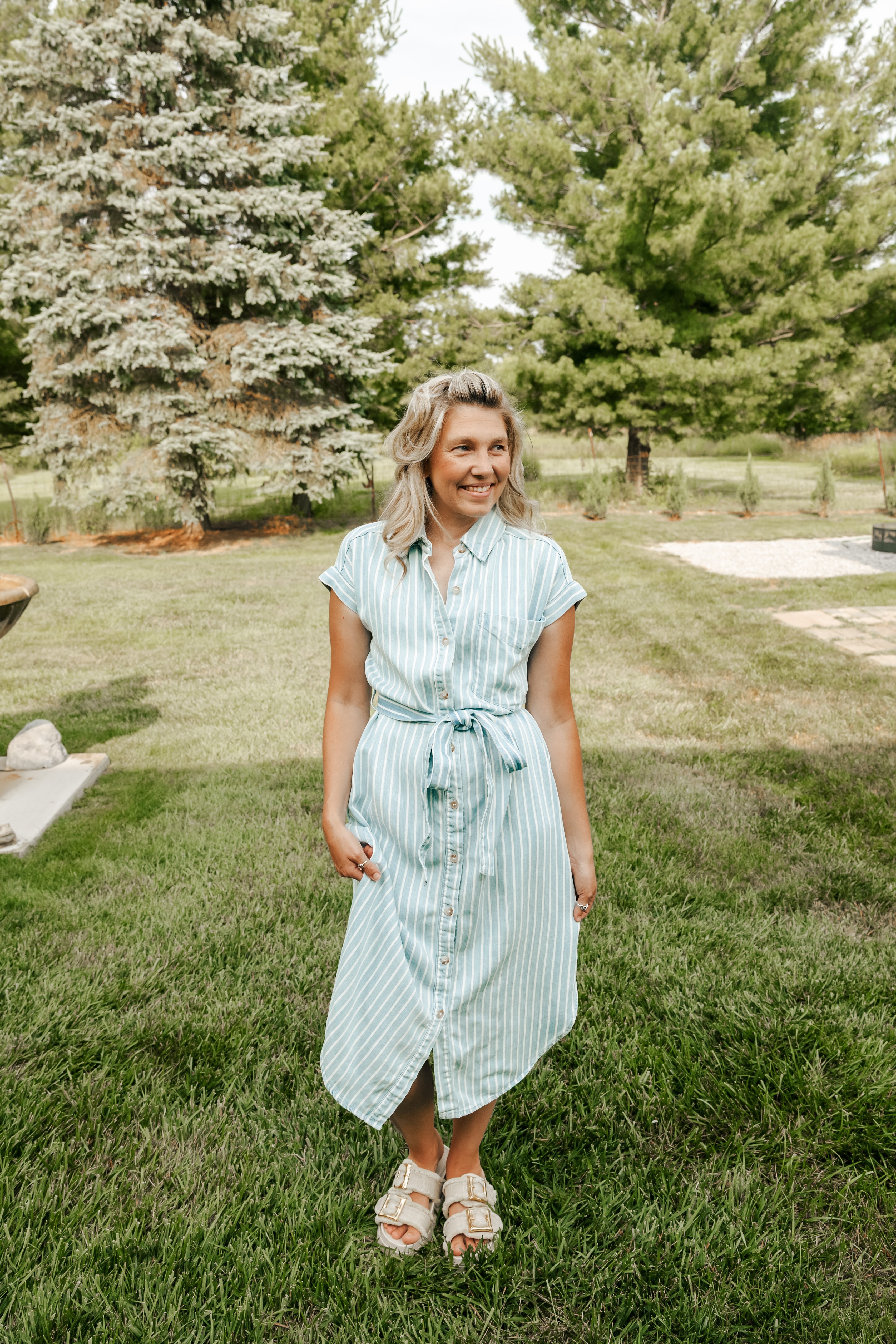 Stripe Chambray Collared Tie Belt Strap Midi Dress - Michigan Southern Charm