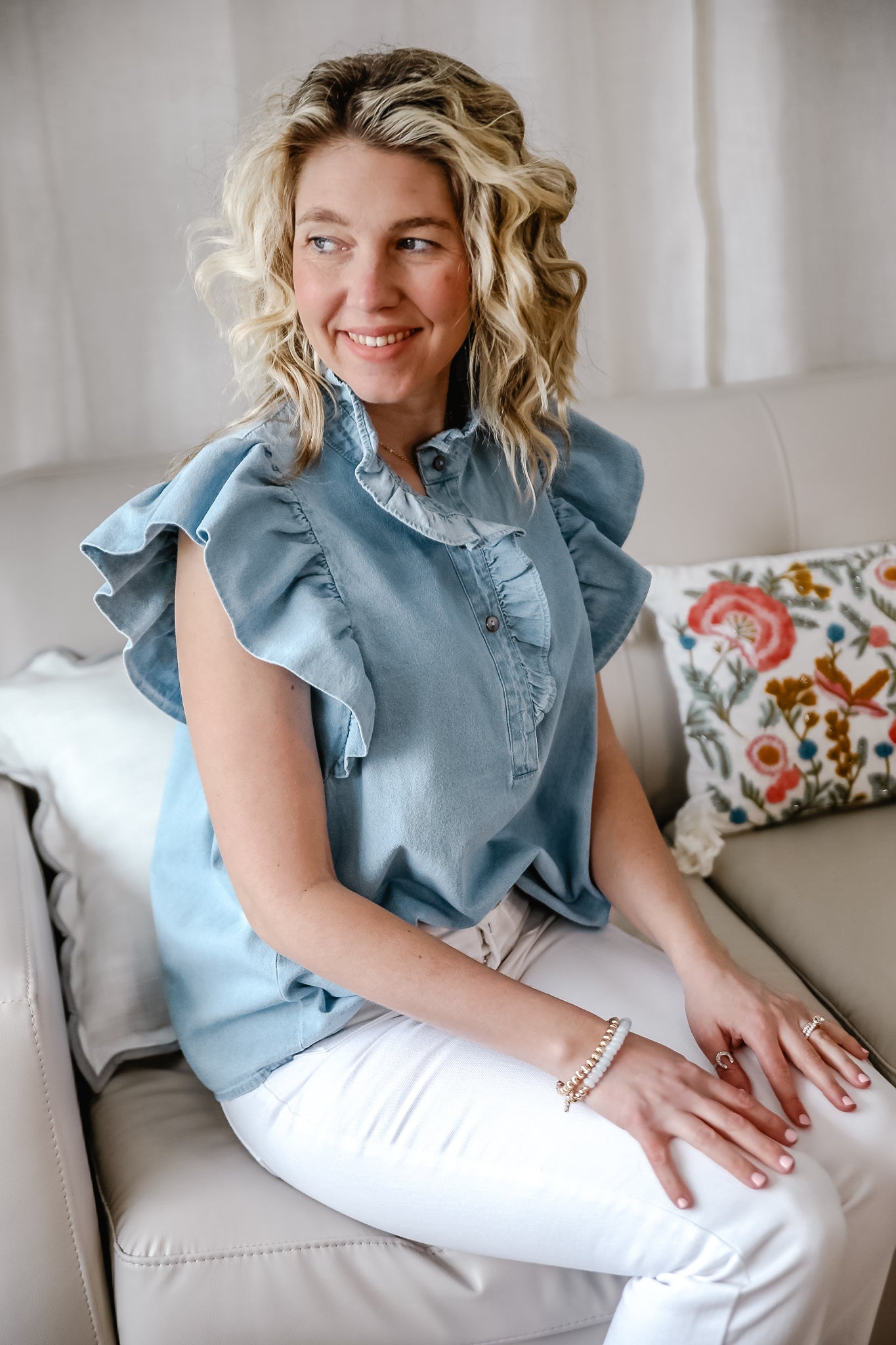 Denim Ruffle Flutter Sleeve Top - Michigan Southern Charm