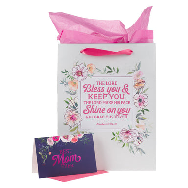 Bless You and Keep You Pink Floral Large Portrait Gift Bag with Card Set - Numbers 6:24-25 - Michigan Southern Charm