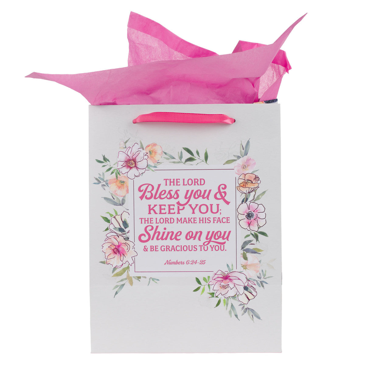 Bless You and Keep You Pink Floral Large Portrait Gift Bag with Card Set - Numbers 6:24-25 - Michigan Southern Charm
