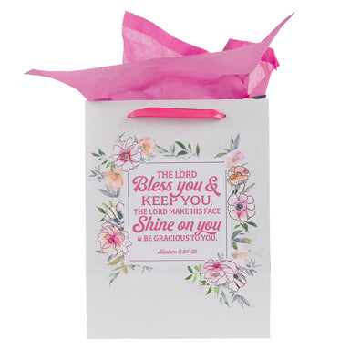 Bless You and Keep You Pink Floral Large Portrait Gift Bag with Card Set - Numbers 6:24-25 - Michigan Southern Charm