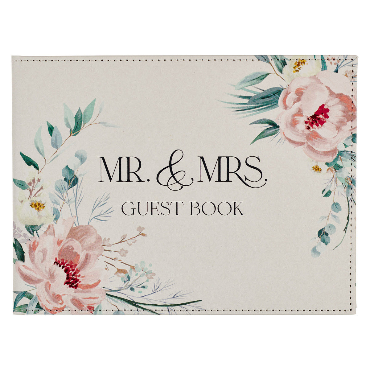 Mr. & Mrs. Peachy-pink Floral Faux Leather Medium Wedding Guest Book - 1 John 4:19 - Michigan Southern Charm