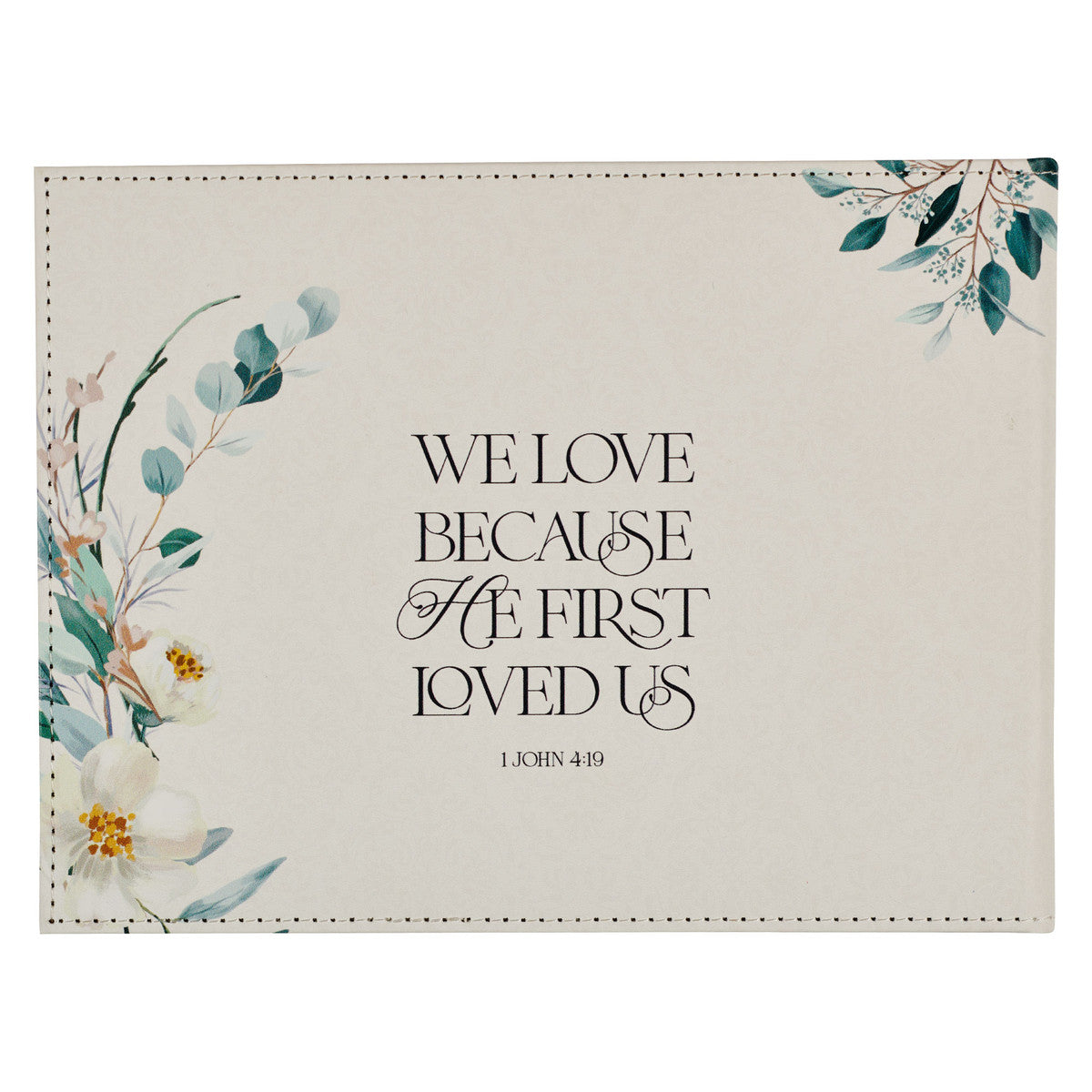 Mr. & Mrs. Peachy-pink Floral Faux Leather Medium Wedding Guest Book - 1 John 4:19 - Michigan Southern Charm