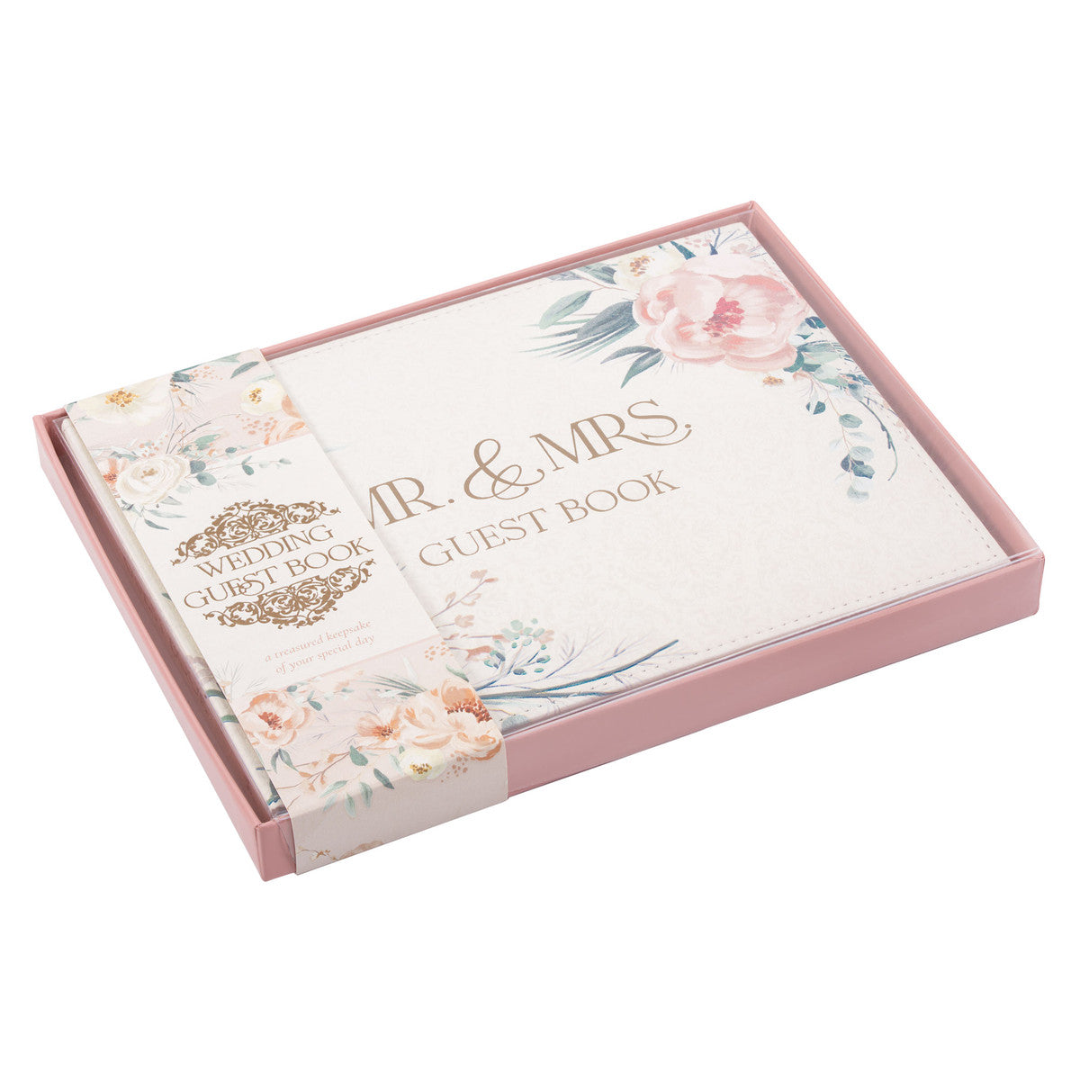 Mr. & Mrs. Peachy-pink Floral Faux Leather Medium Wedding Guest Book - 1 John 4:19 - Michigan Southern Charm
