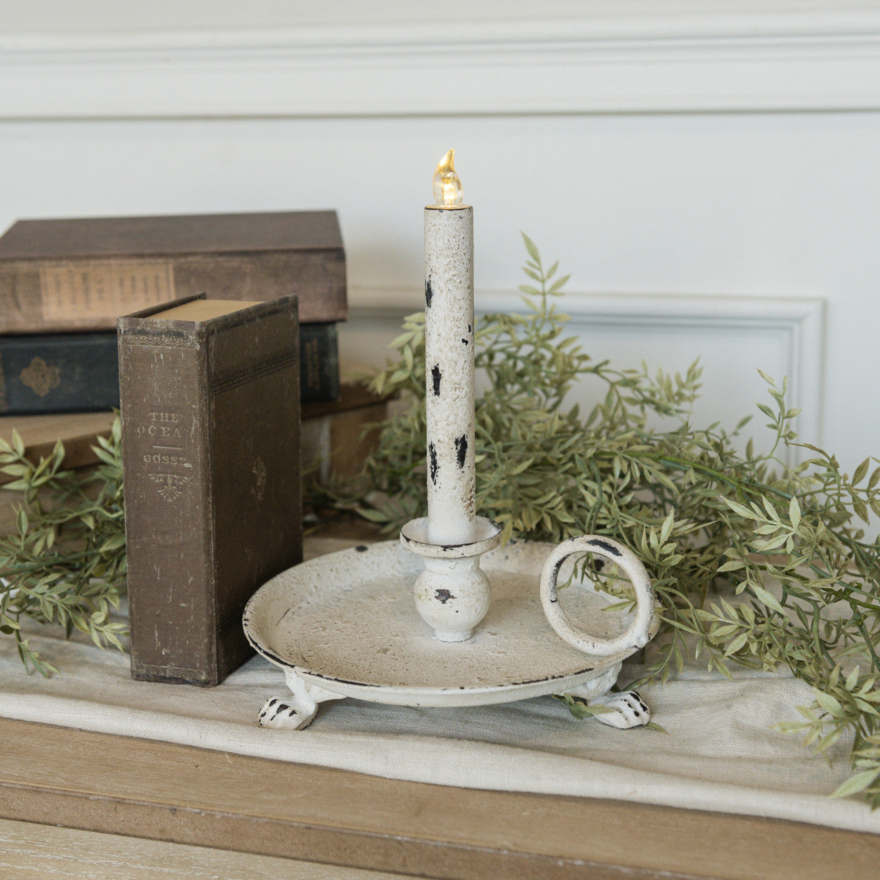 WHITE METAL DISH TAPER CANDLE HOLDER