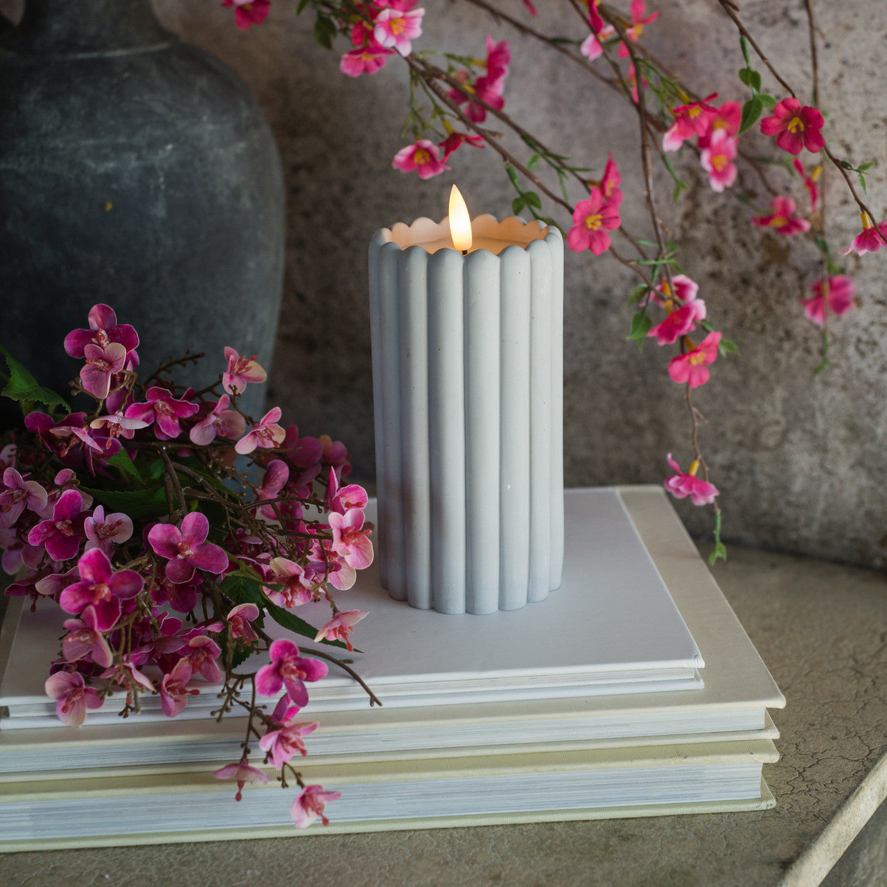 GREY CEMENT 6" COLUMN 3D FLAME CANDLE