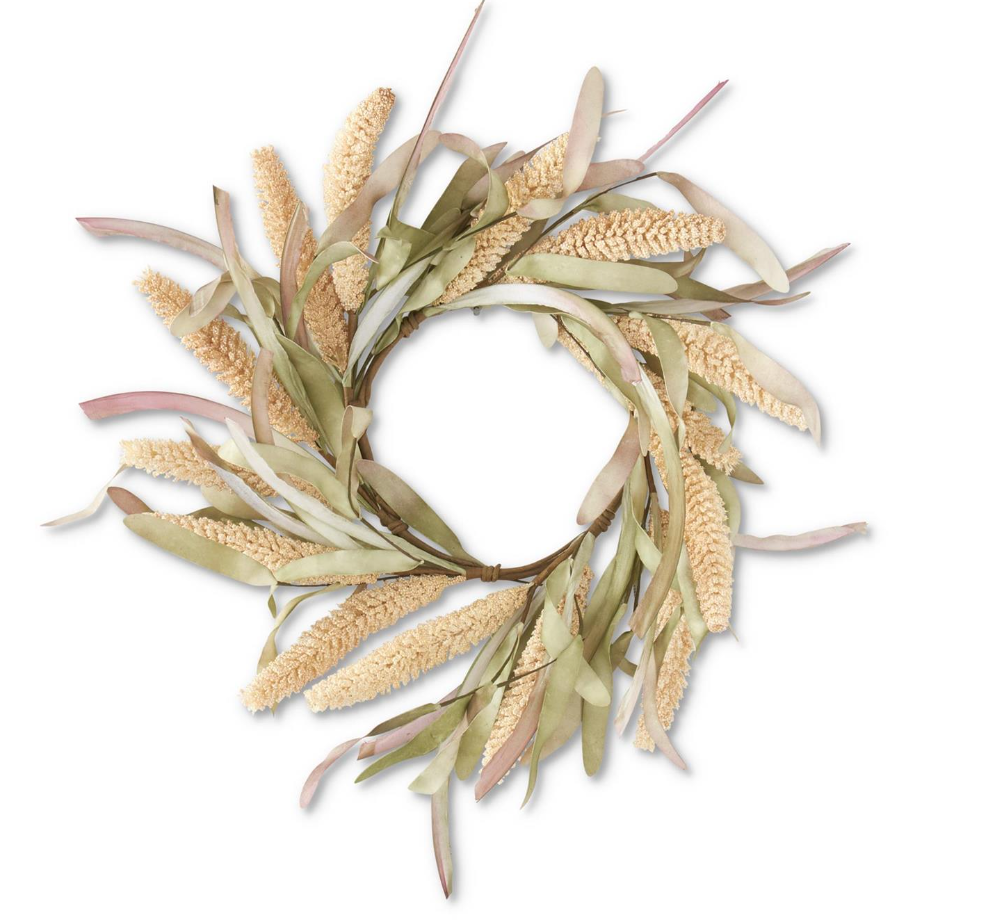 Cream Rice Candle Ring/Wreath w/Green & Burgundy Eva Leaves - Michigan Southern Charm