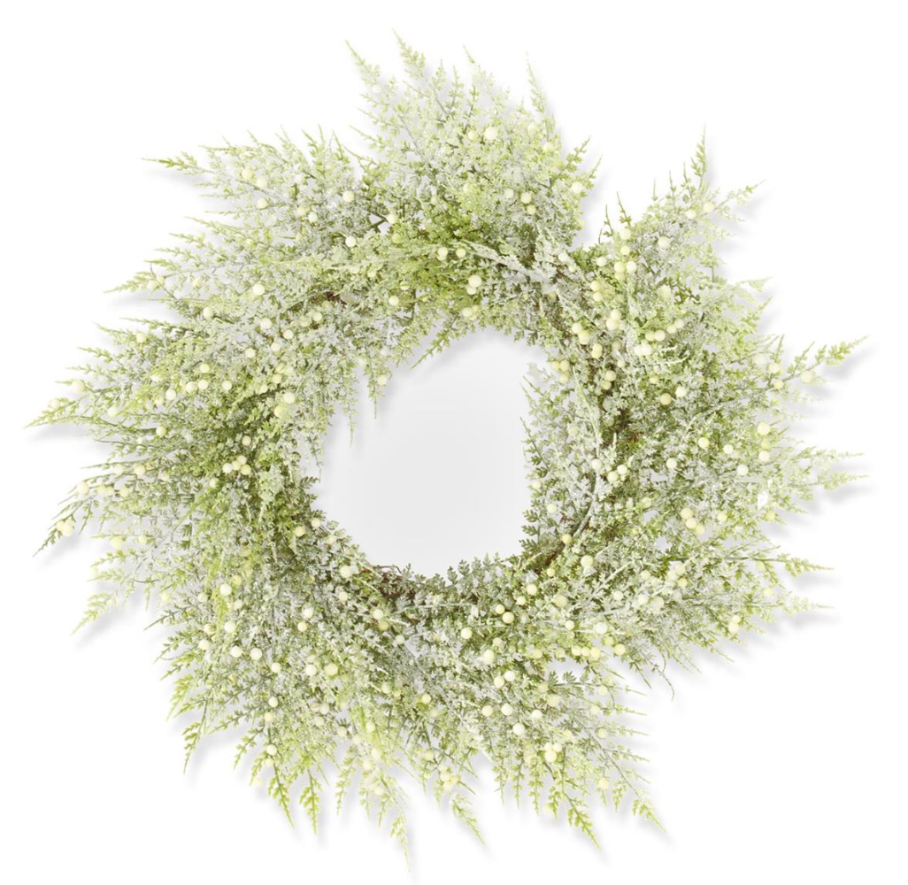Glittered Snowy Fern Candle Ring/Wreath w/Mini White Berry - Michigan Southern Charm