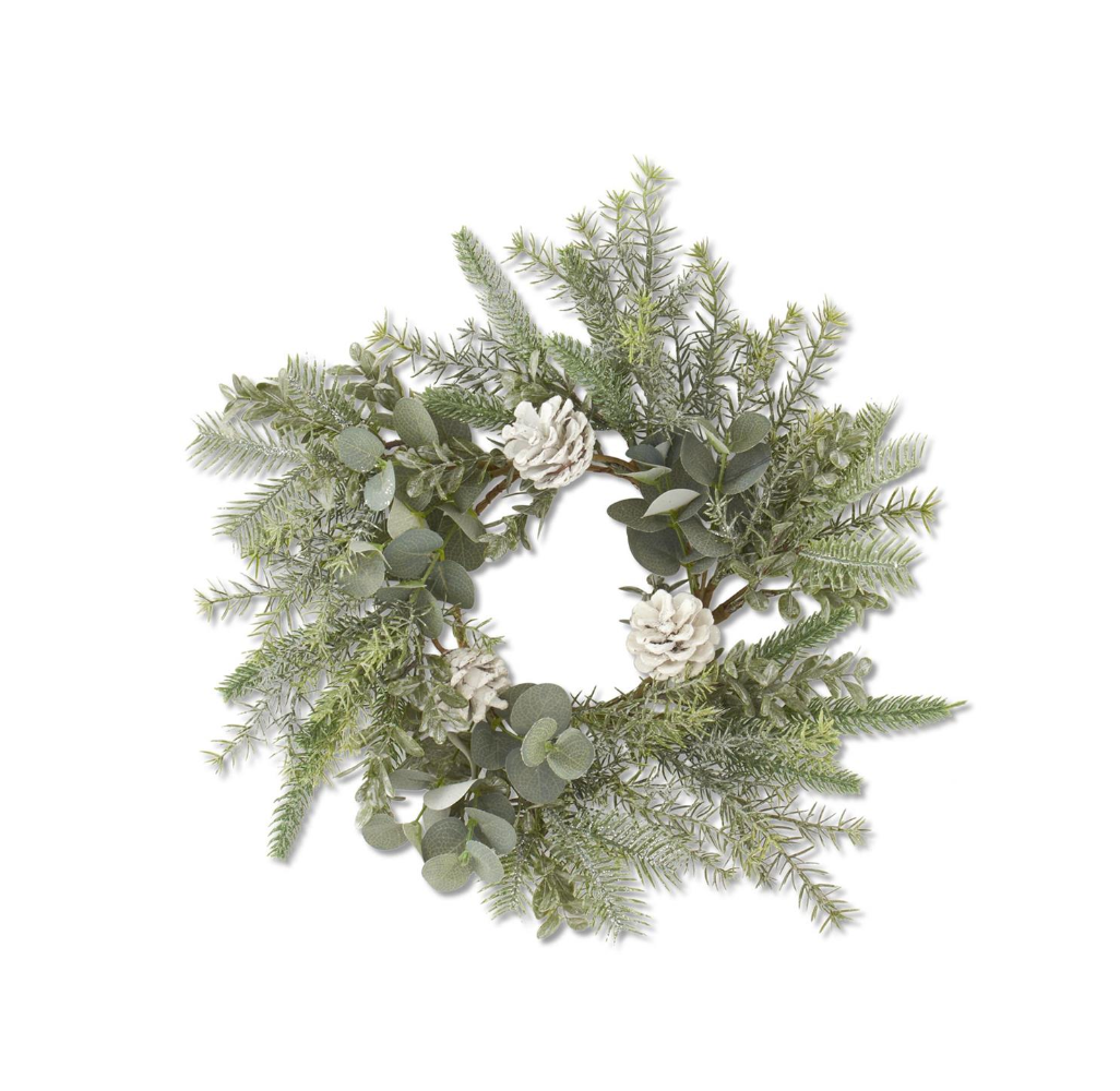 Silver Glittered Mixed Pine Eucalyptus Candle Ring w/Pinecone - Michigan Southern Charm