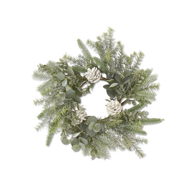 Silver Glittered Mixed Pine Eucalyptus Candle Ring w/Pinecone - Michigan Southern Charm