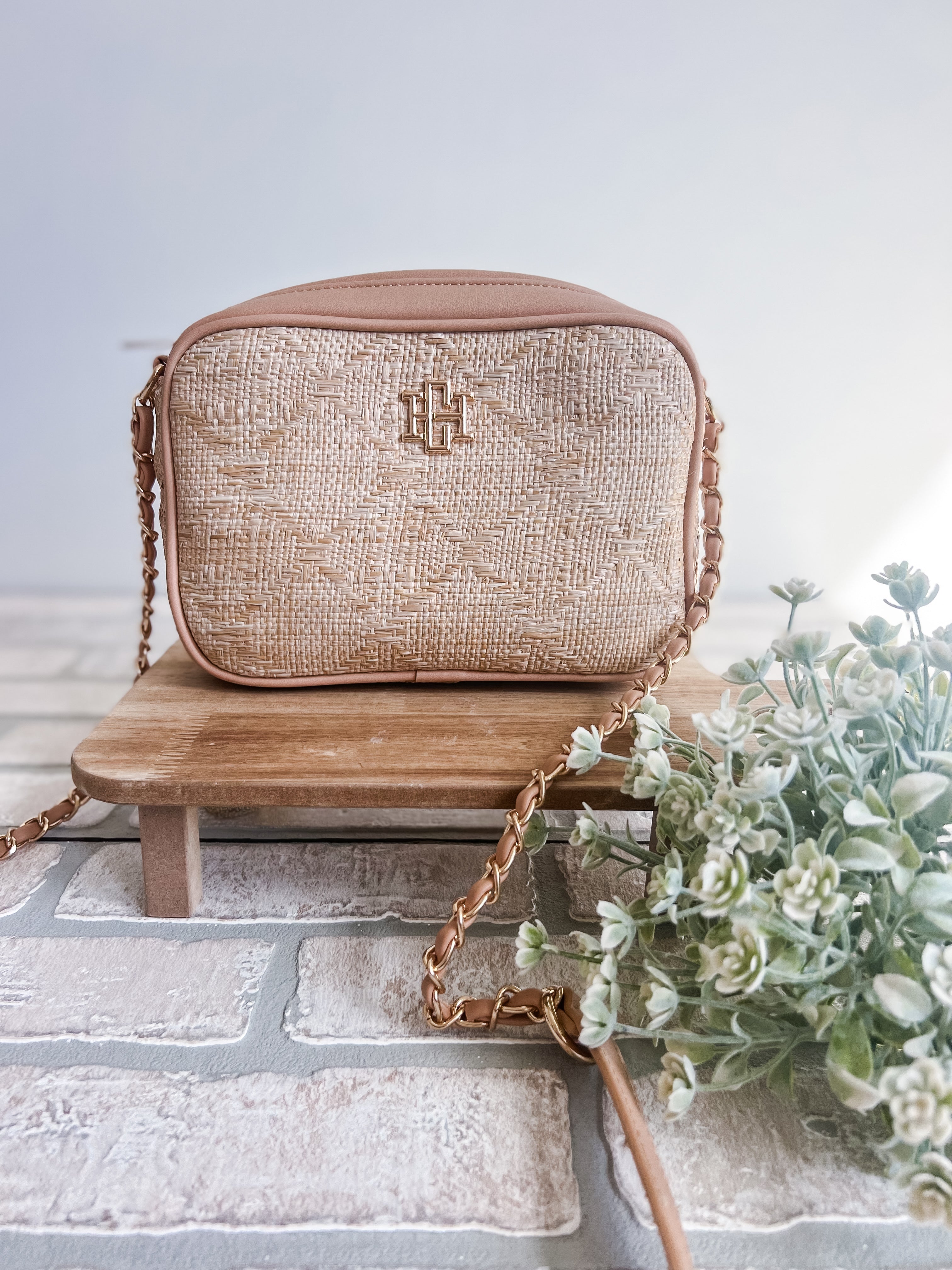 Kayla Natural Lattice Tan Crossbody - Michigan Southern Charm