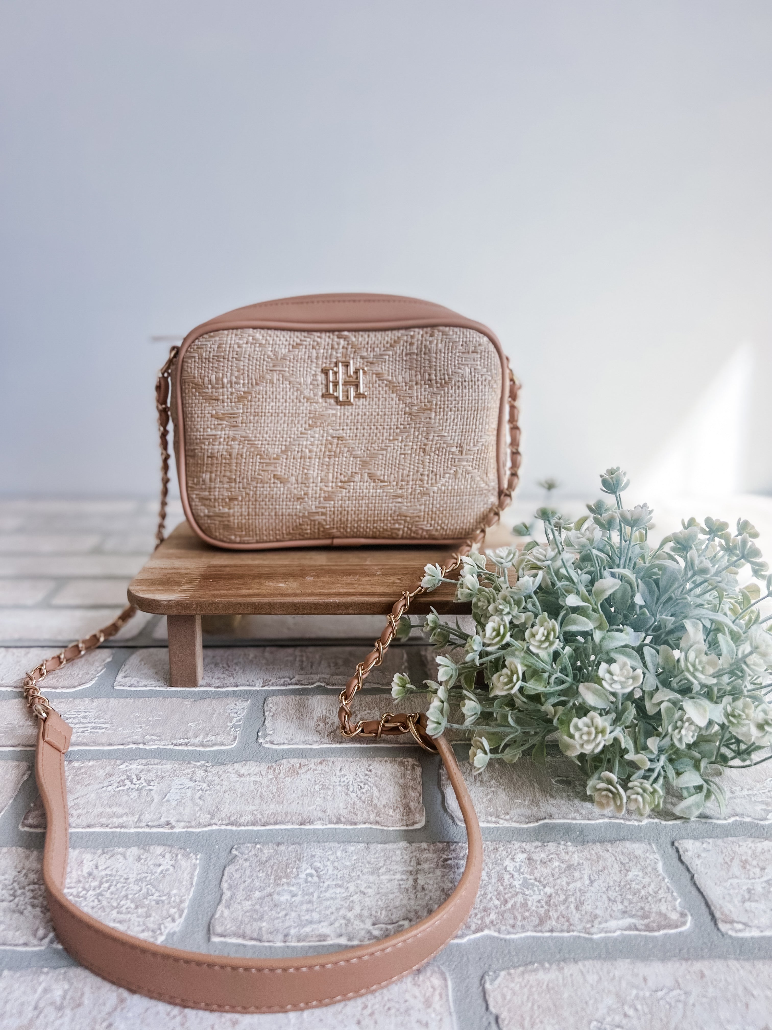Kayla Natural Lattice Tan Crossbody - Michigan Southern Charm
