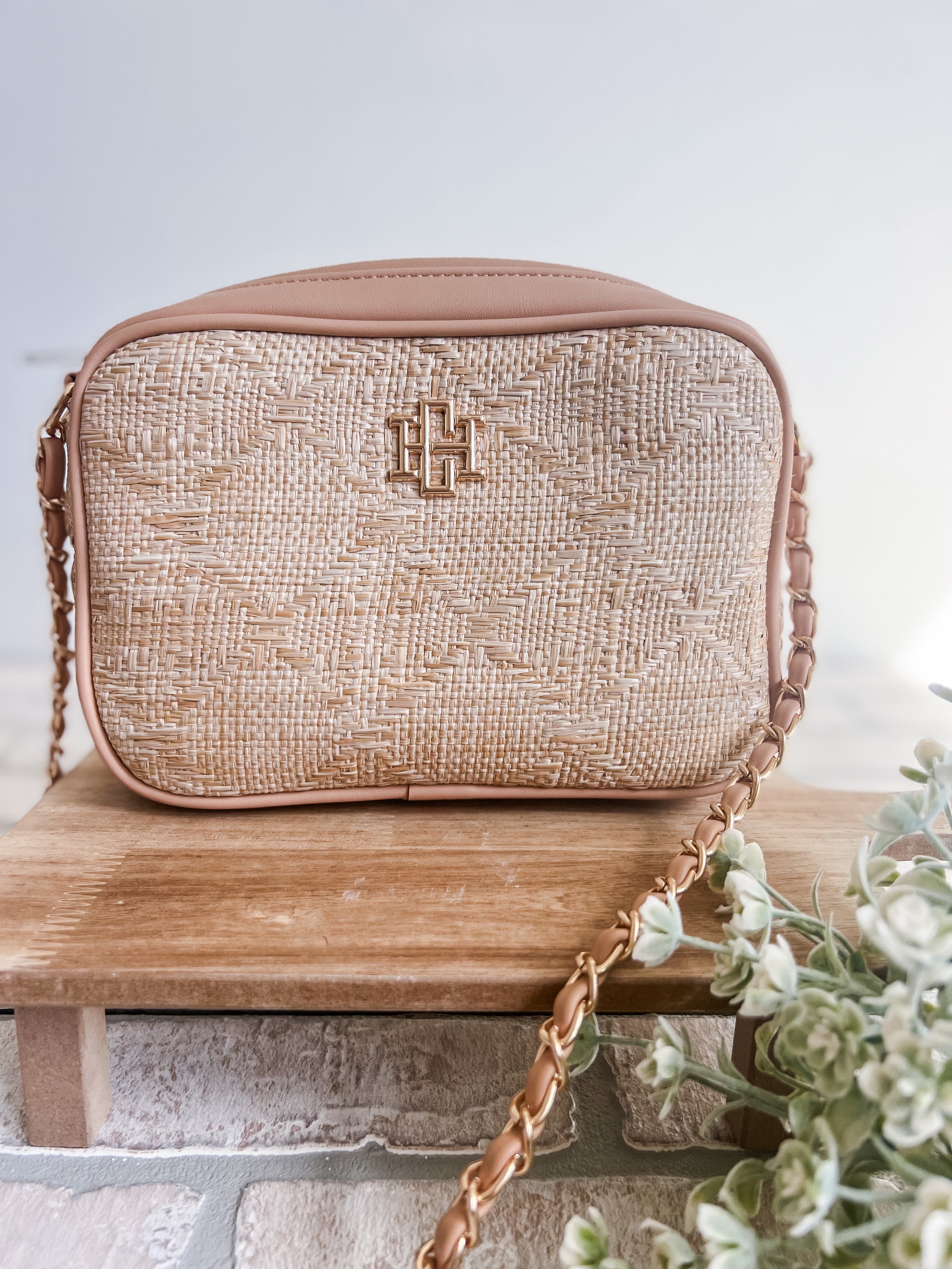 Kayla Natural Lattice Tan Crossbody - Michigan Southern Charm