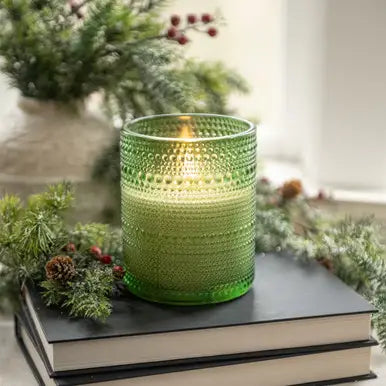 5" Pine Green Dotted Glass 3D Flame Candle