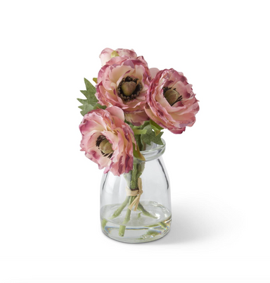 6.75 INCH PINK RANUNCULUS BOUQUET IN GLASS VASE W/FAUX WATER - Michigan Southern Charm