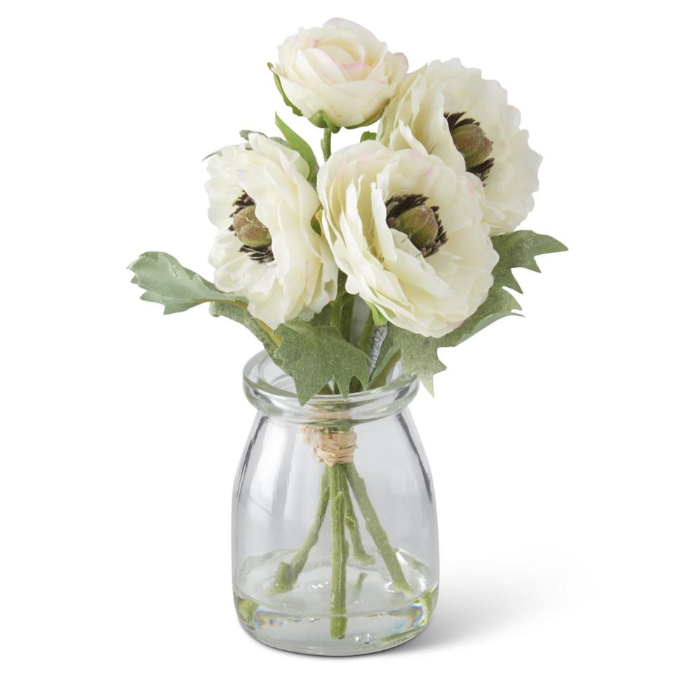 6.75 INCH WHITE RANUNCULUS BOUQUET IN GLASS VASE W/FAUX WATER - Michigan Southern Charm