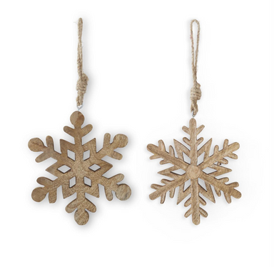 6 Inch Mango Wood Snowflake Ornament w/Jute Hangers - Michigan Southern Charm