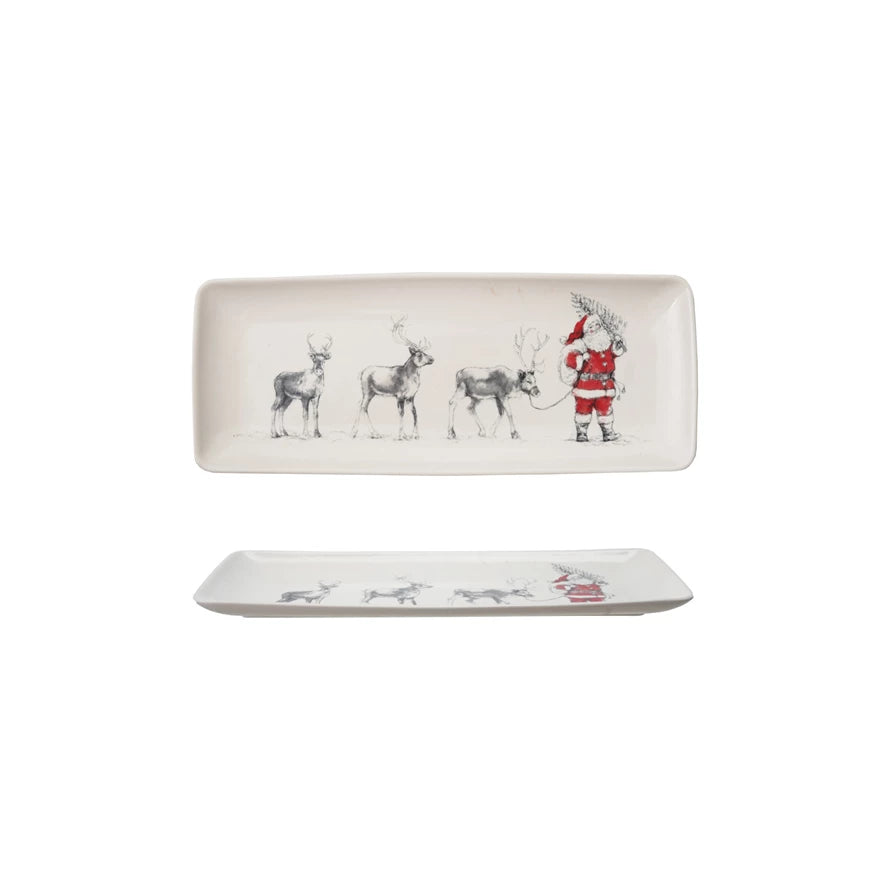 Stoneware Serving Platter with Santa Leading Reindeer Image - Michigan Southern Charm