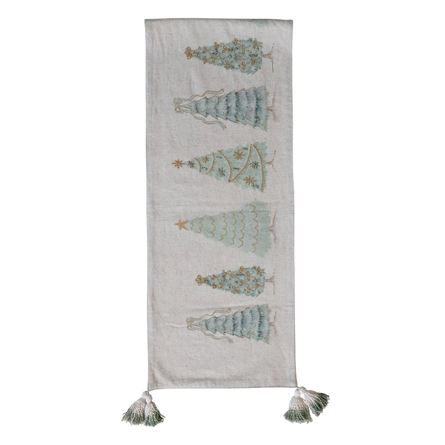 Table Runner with Trees, Embroidery, Beads, French Knots & Tassels - Michigan Southern Charm