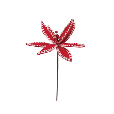 15"H Fabric Poinsettia Pick With Red & Cream Stitching - Michigan Southern Charm