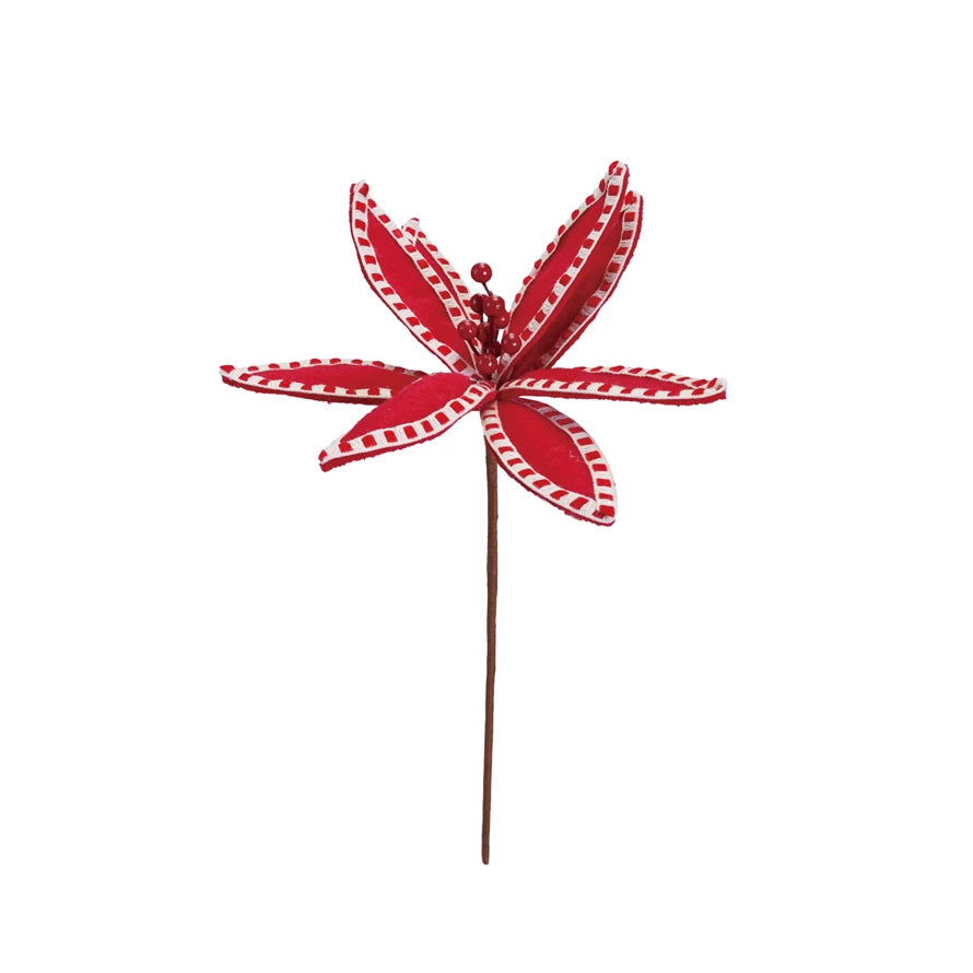 15"H Fabric Poinsettia Pick With Red & Cream Stitching - Michigan Southern Charm