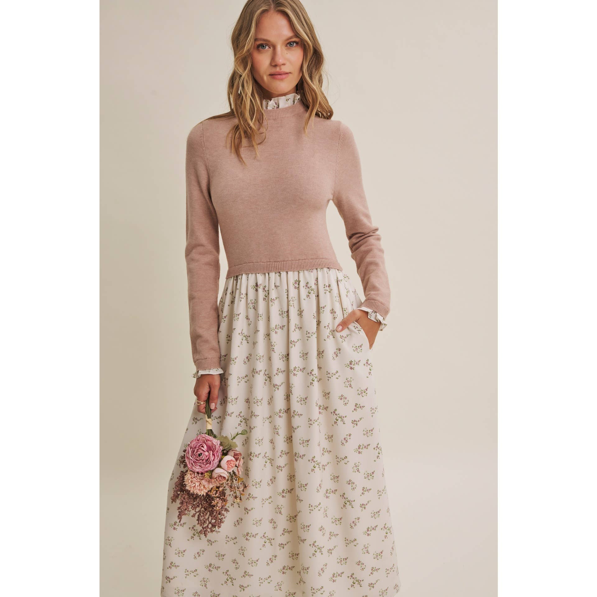 PRESSED PETALS VISCOSE BLEND SWEATER TWOFER MIDI DRESS
