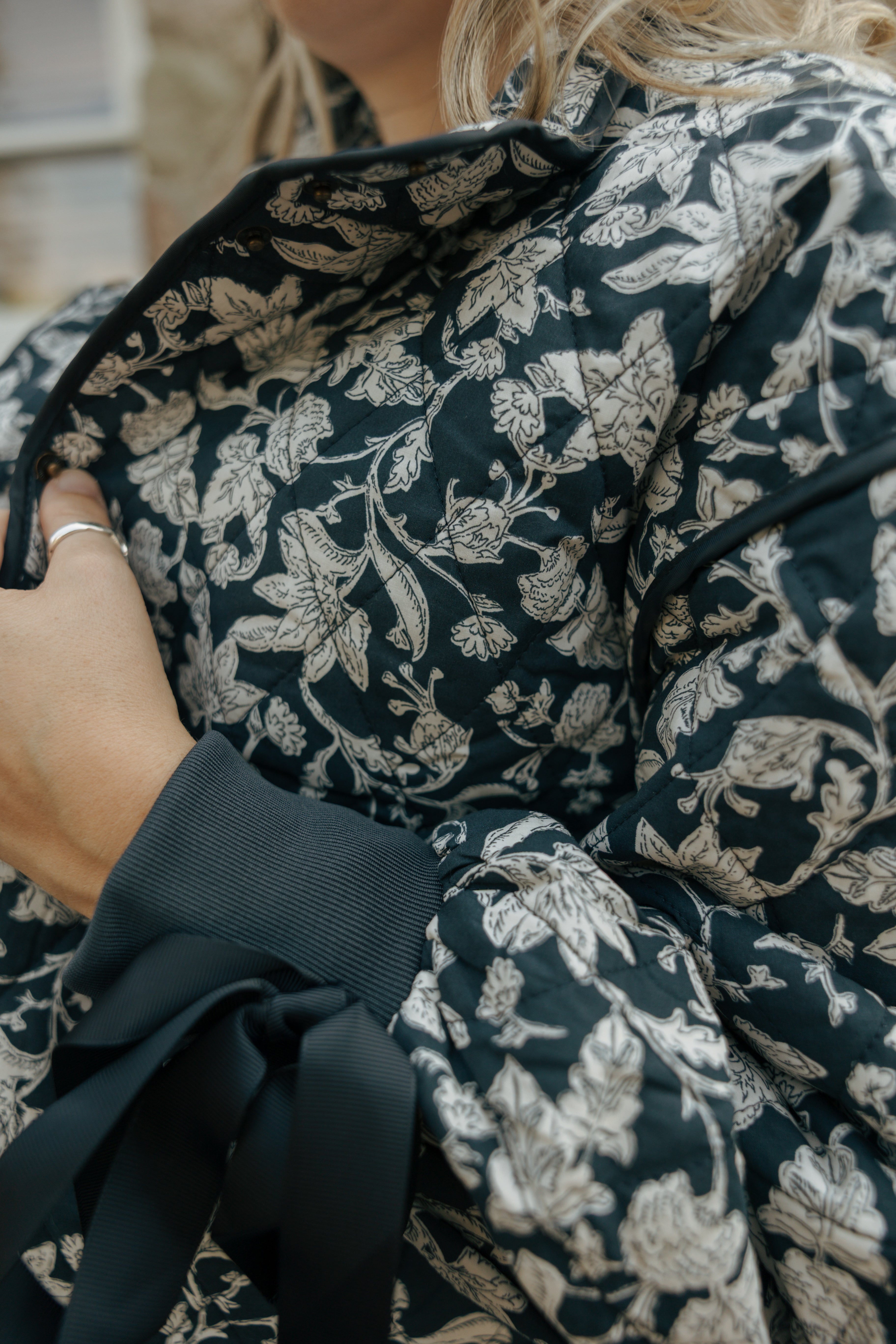 Floral Quilted Jacket With Bow Tie Ribbon Detail