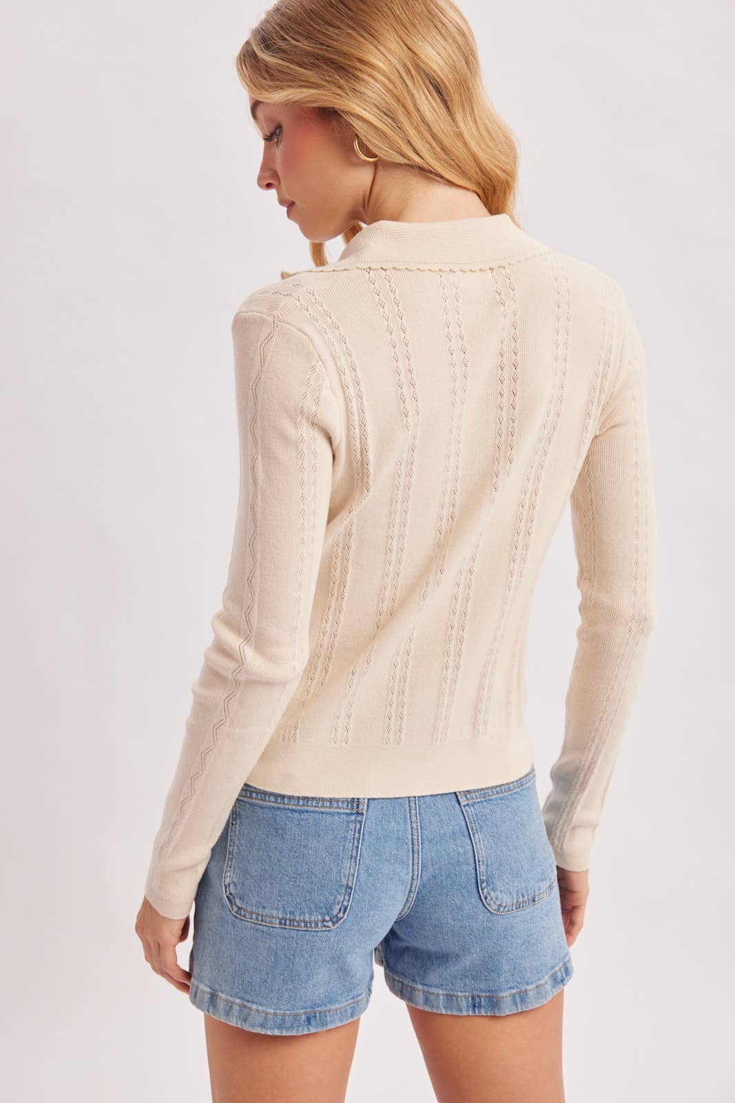 BUTTON-UP HENLEY NECK POINTELLE KNIT POLO TOP