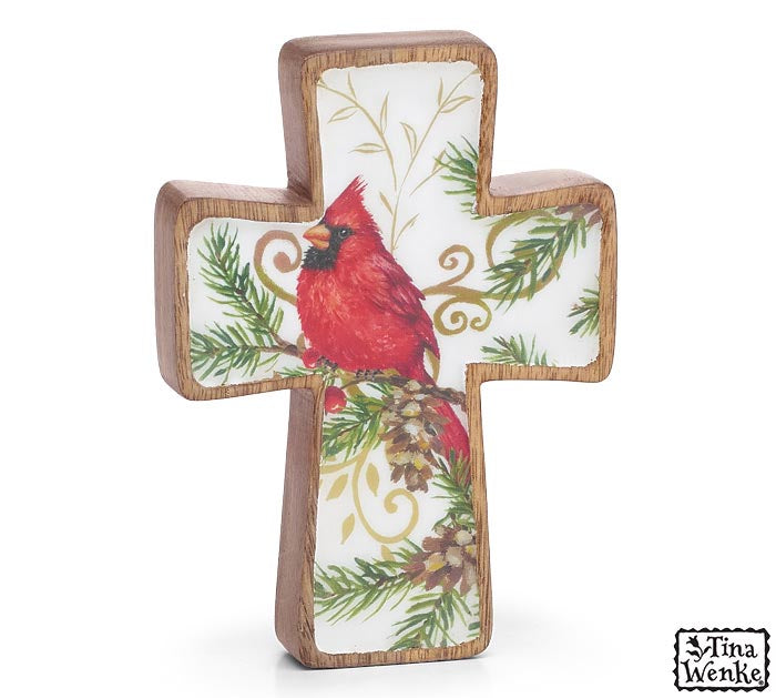 MANGO WOOD CROSS SITTER WITH CARDINAL