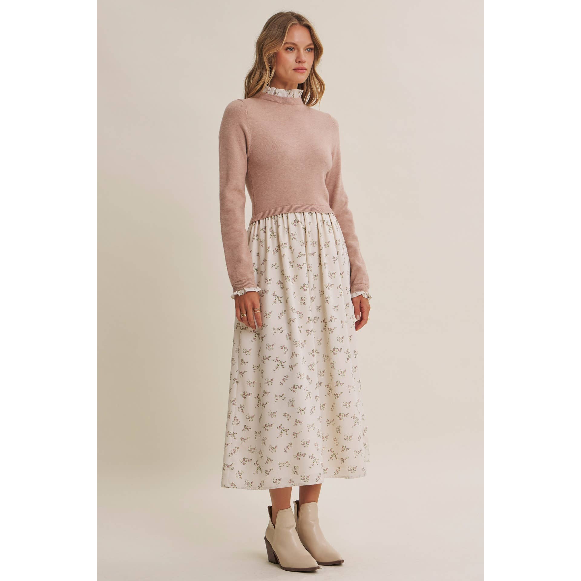 PRESSED PETALS VISCOSE BLEND SWEATER TWOFER MIDI DRESS