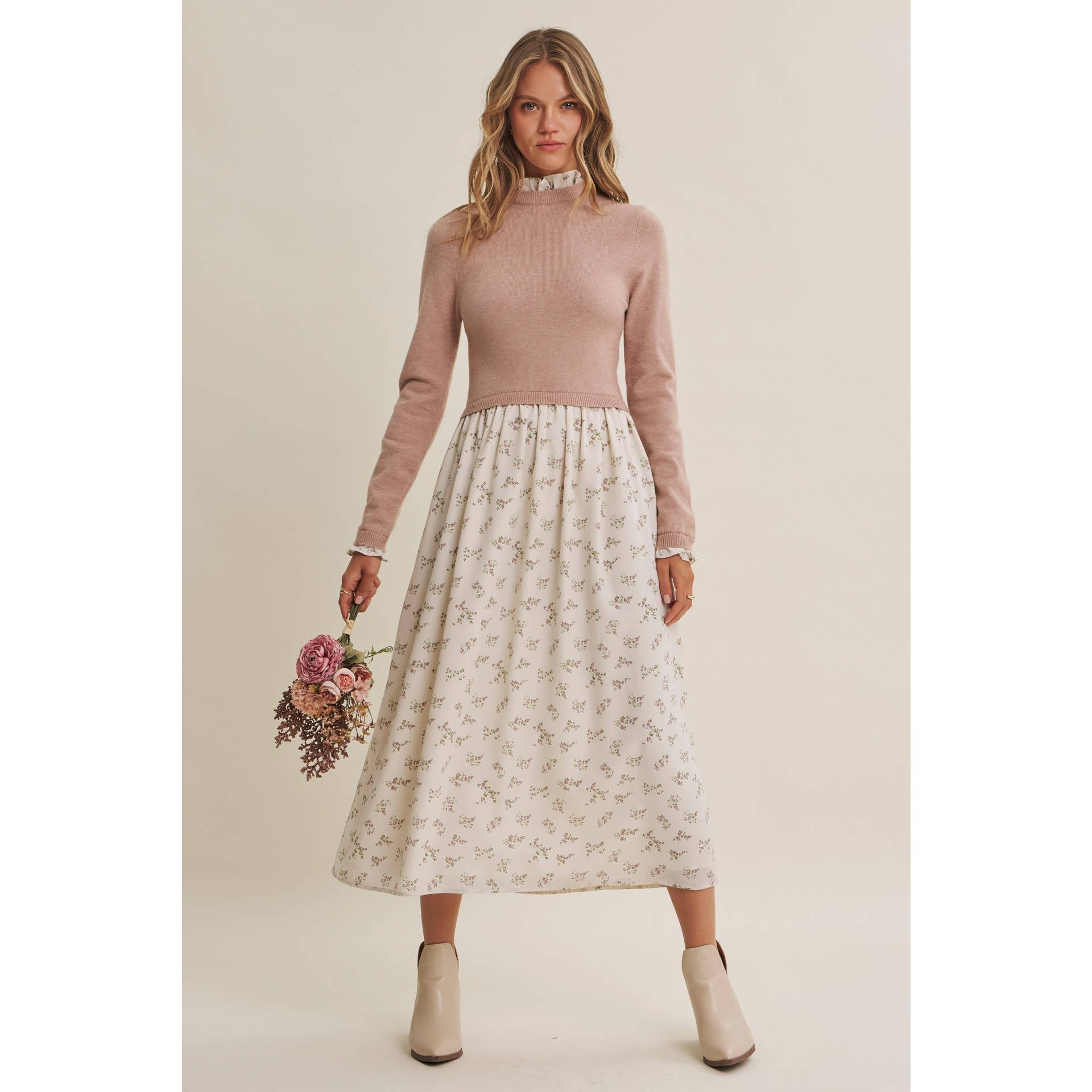 PRESSED PETALS VISCOSE BLEND SWEATER TWOFER MIDI DRESS