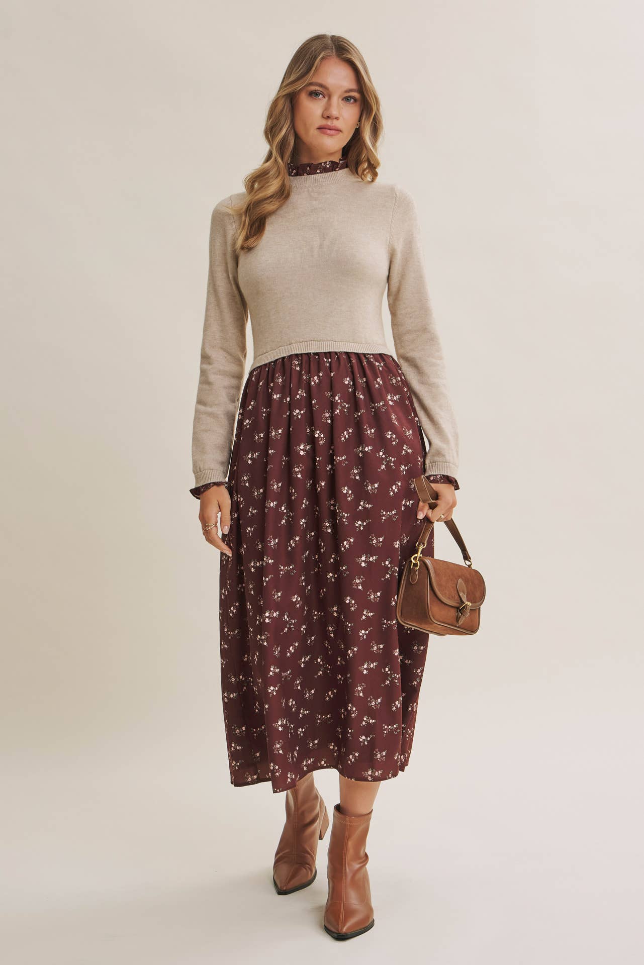 PRESSED PETALS VISCOSE BLEND SWEATER TWOFER MIDI DRESS