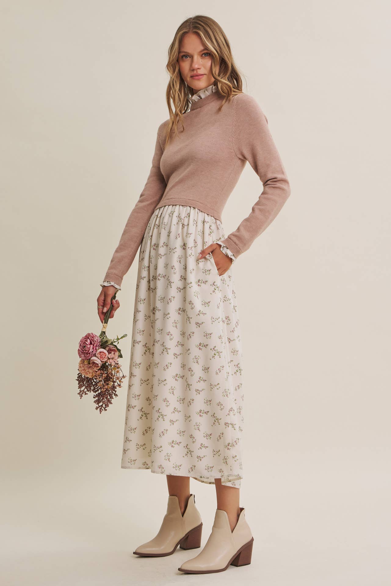 PRESSED PETALS VISCOSE BLEND SWEATER TWOFER MIDI DRESS