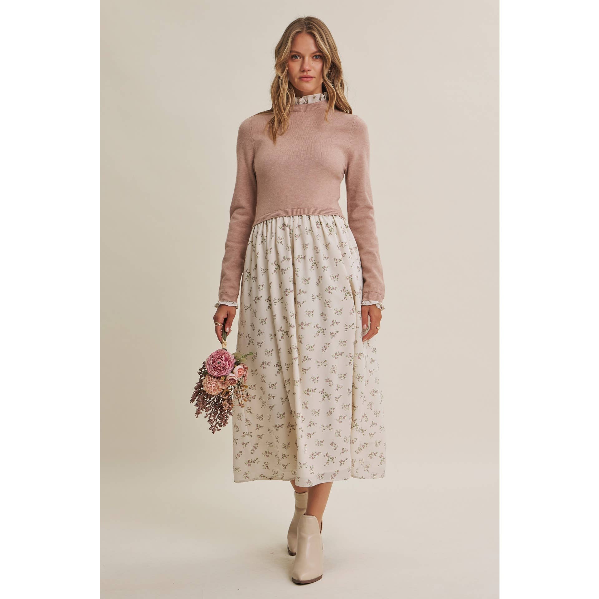 PRESSED PETALS VISCOSE BLEND SWEATER TWOFER MIDI DRESS