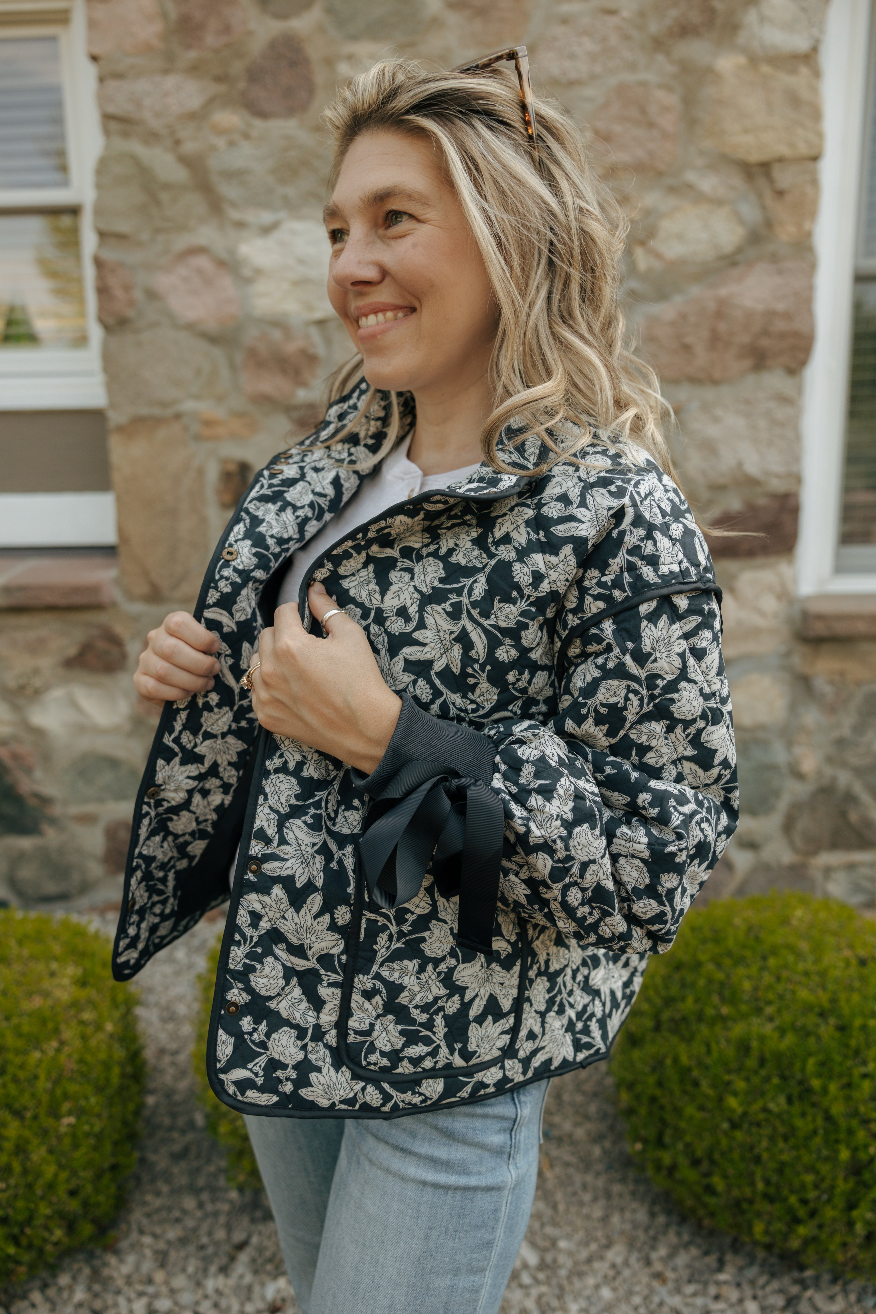 Floral Quilted Jacket With Bow Tie Ribbon Detail