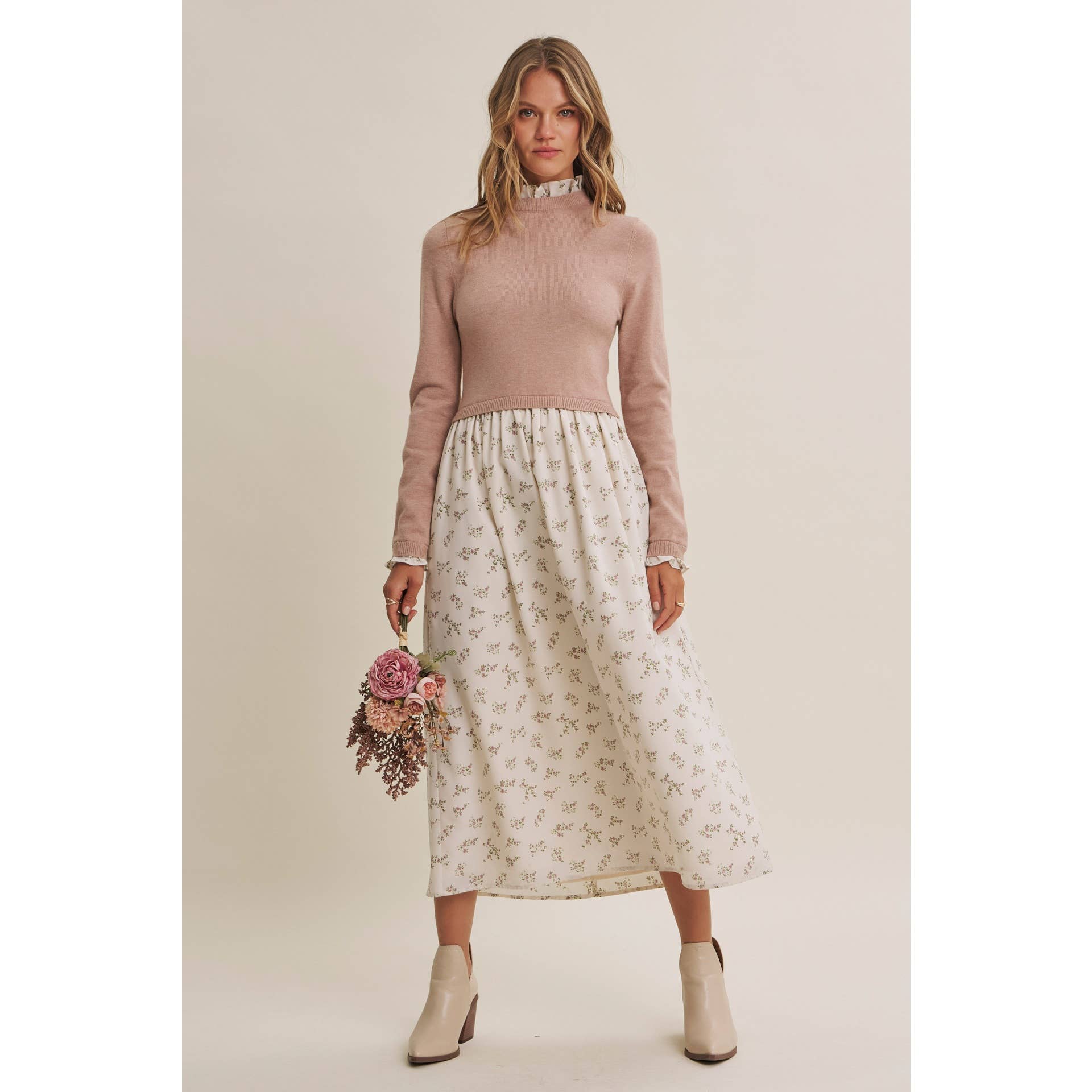 PRESSED PETALS VISCOSE BLEND SWEATER TWOFER MIDI DRESS