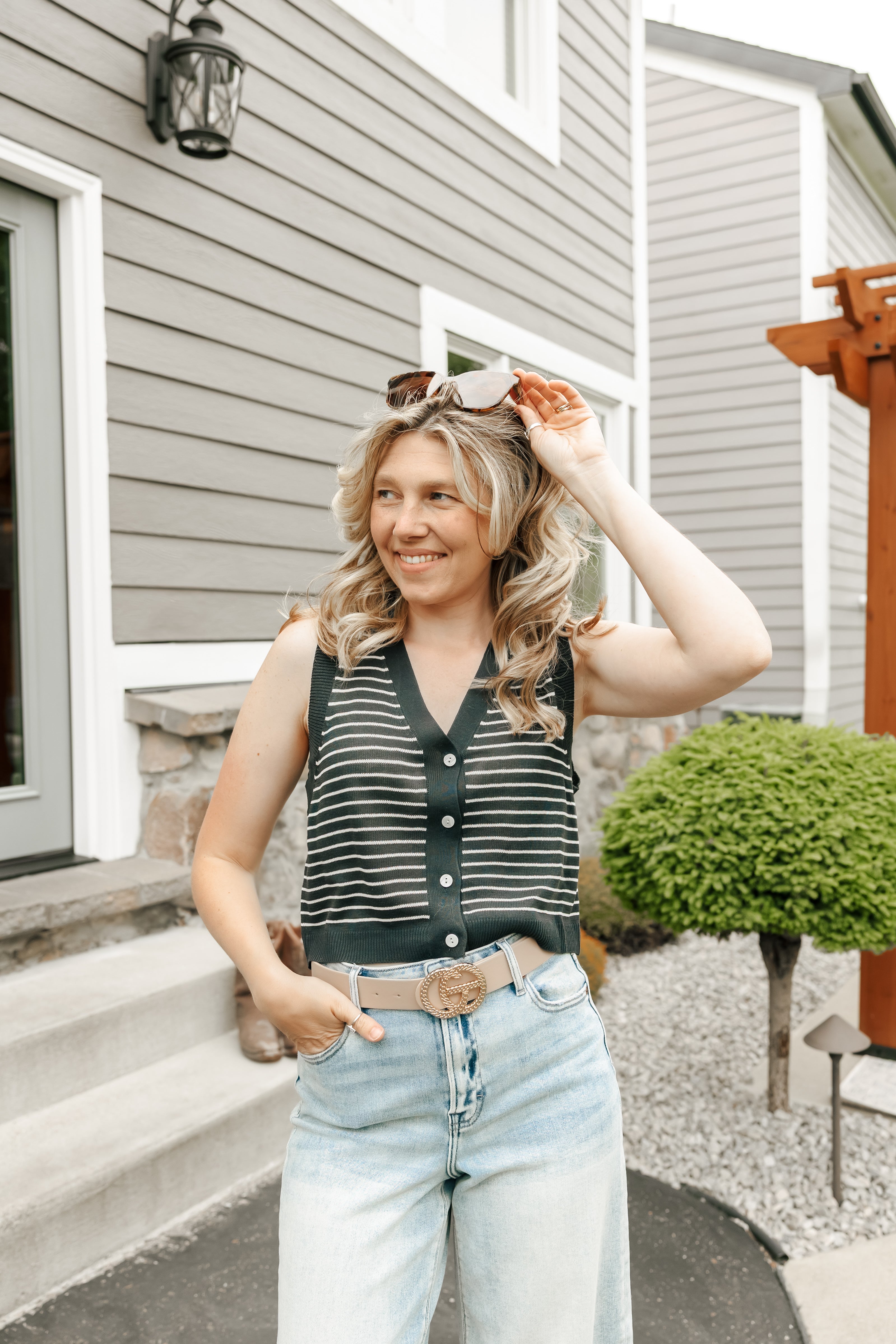 Striped Button Down Collared Sleeveless Tank