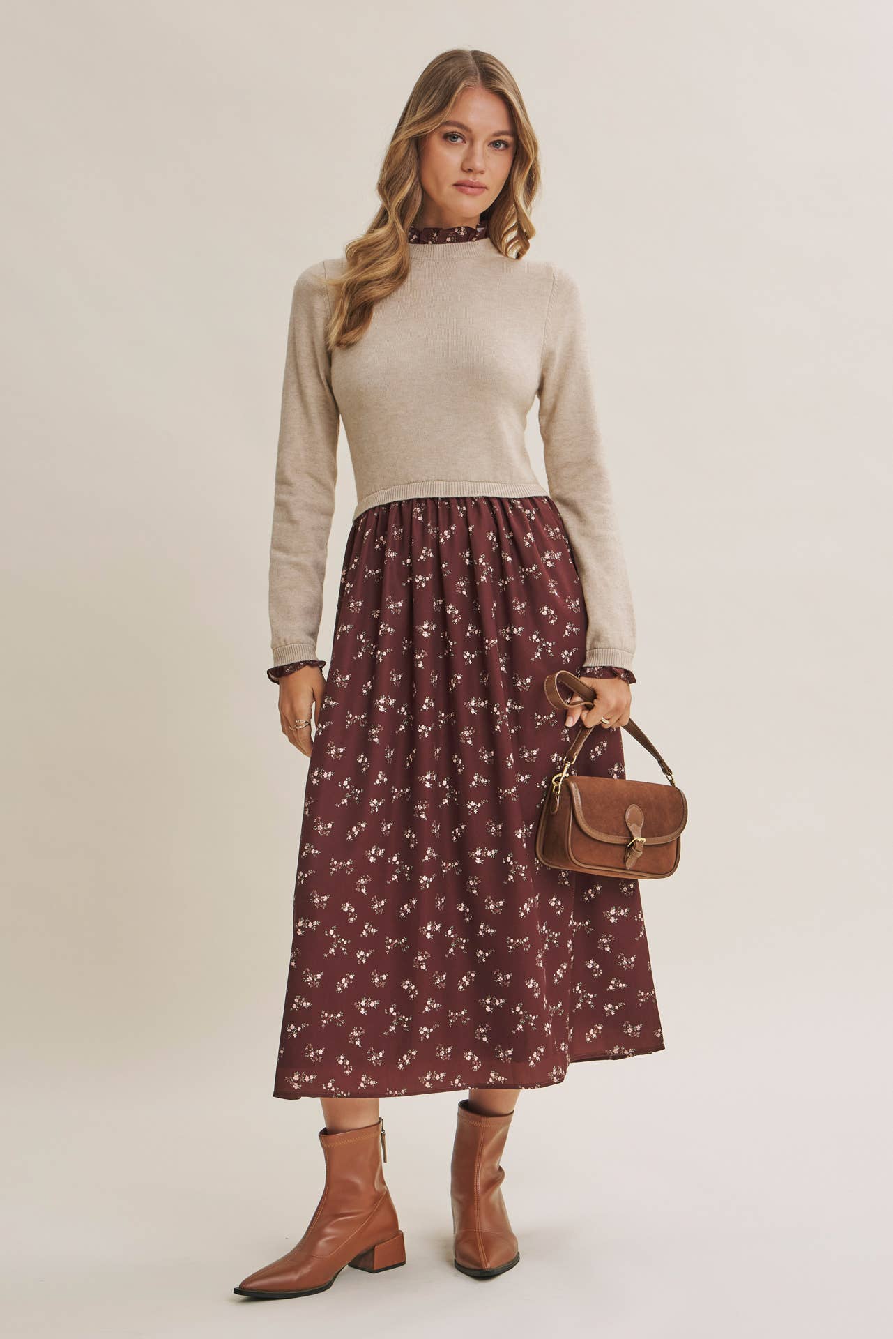 PRESSED PETALS VISCOSE BLEND SWEATER TWOFER MIDI DRESS