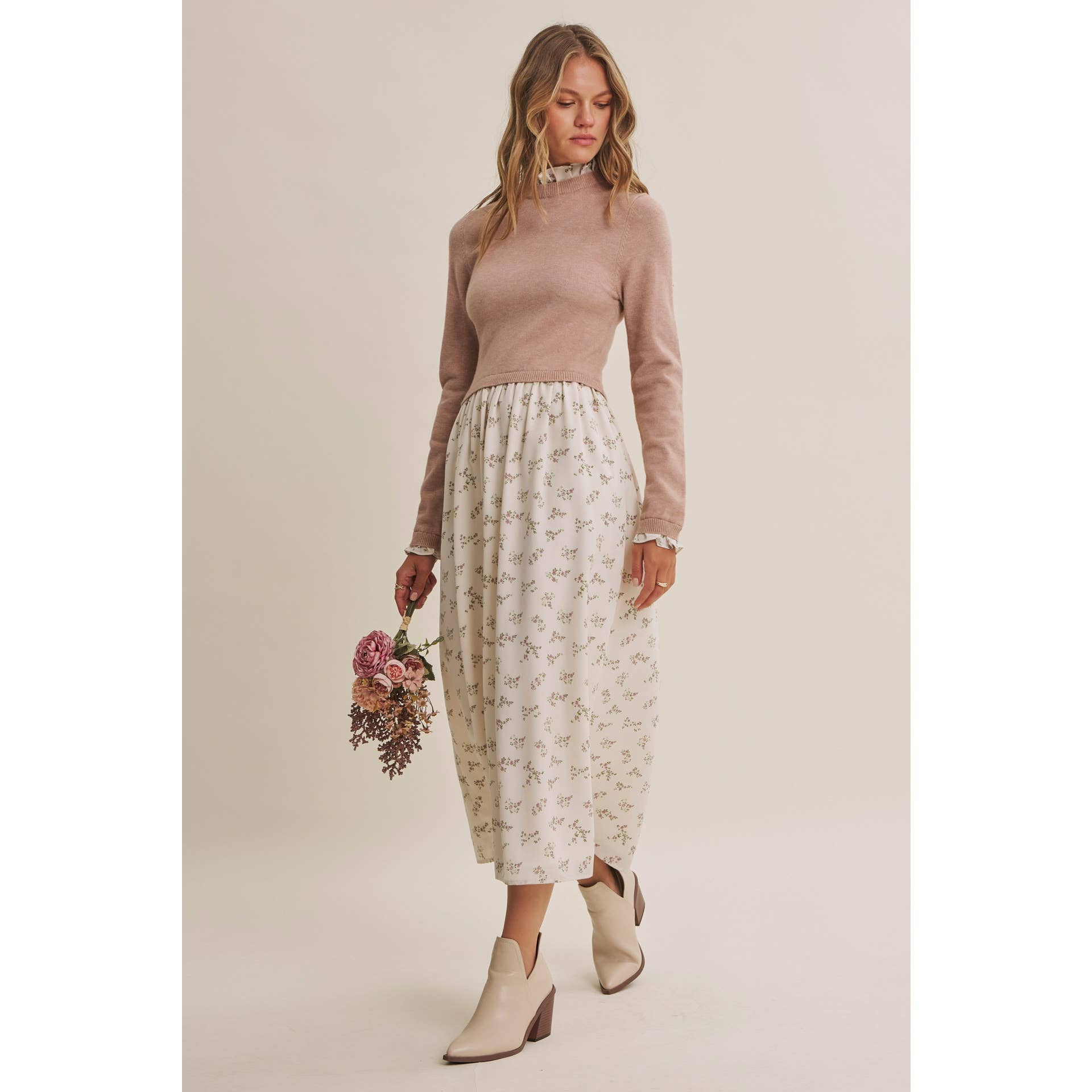 PRESSED PETALS VISCOSE BLEND SWEATER TWOFER MIDI DRESS