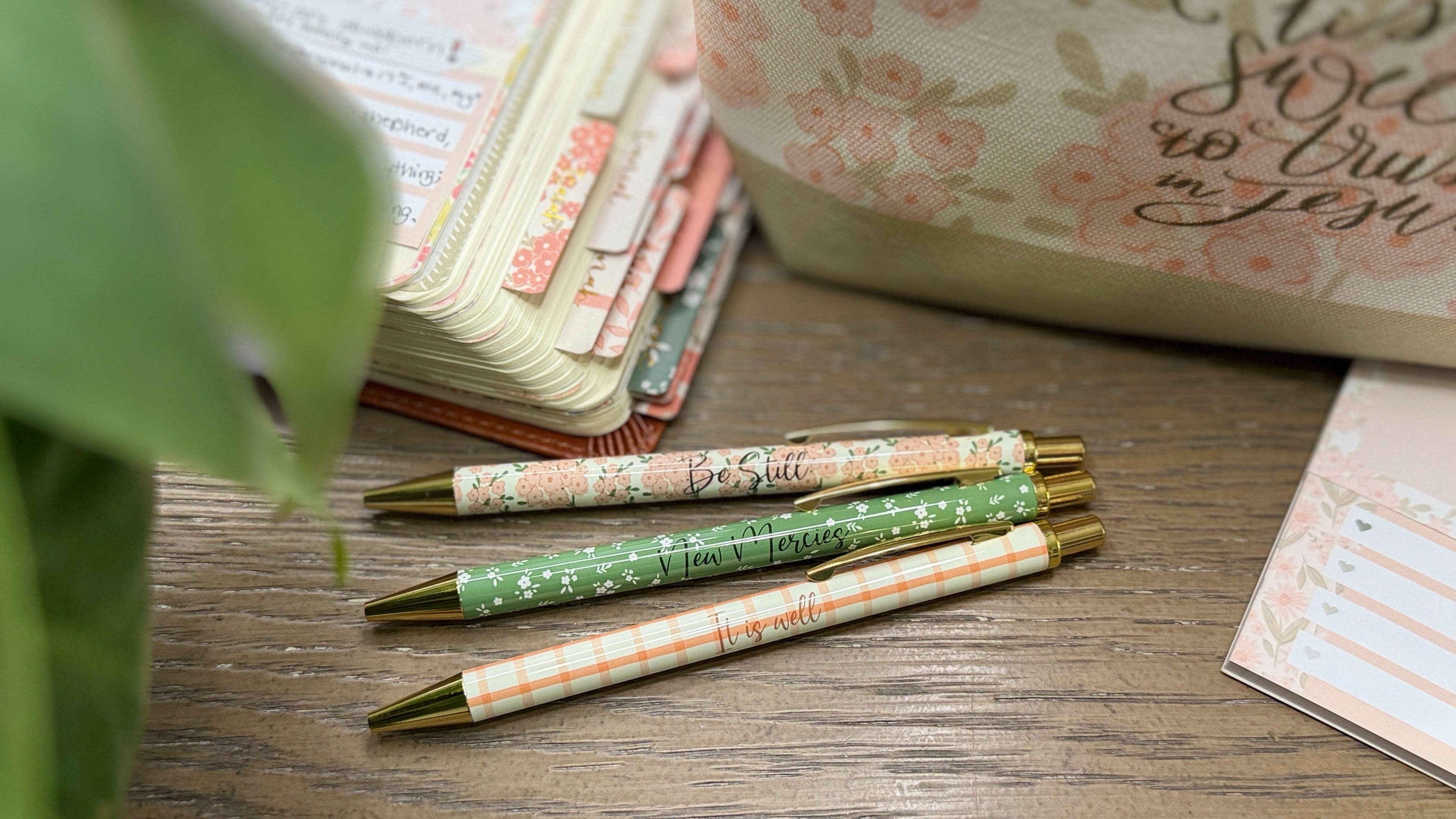 Be Still Christian Pen Set | Peach Floral Fine Tip Bible Study Pens