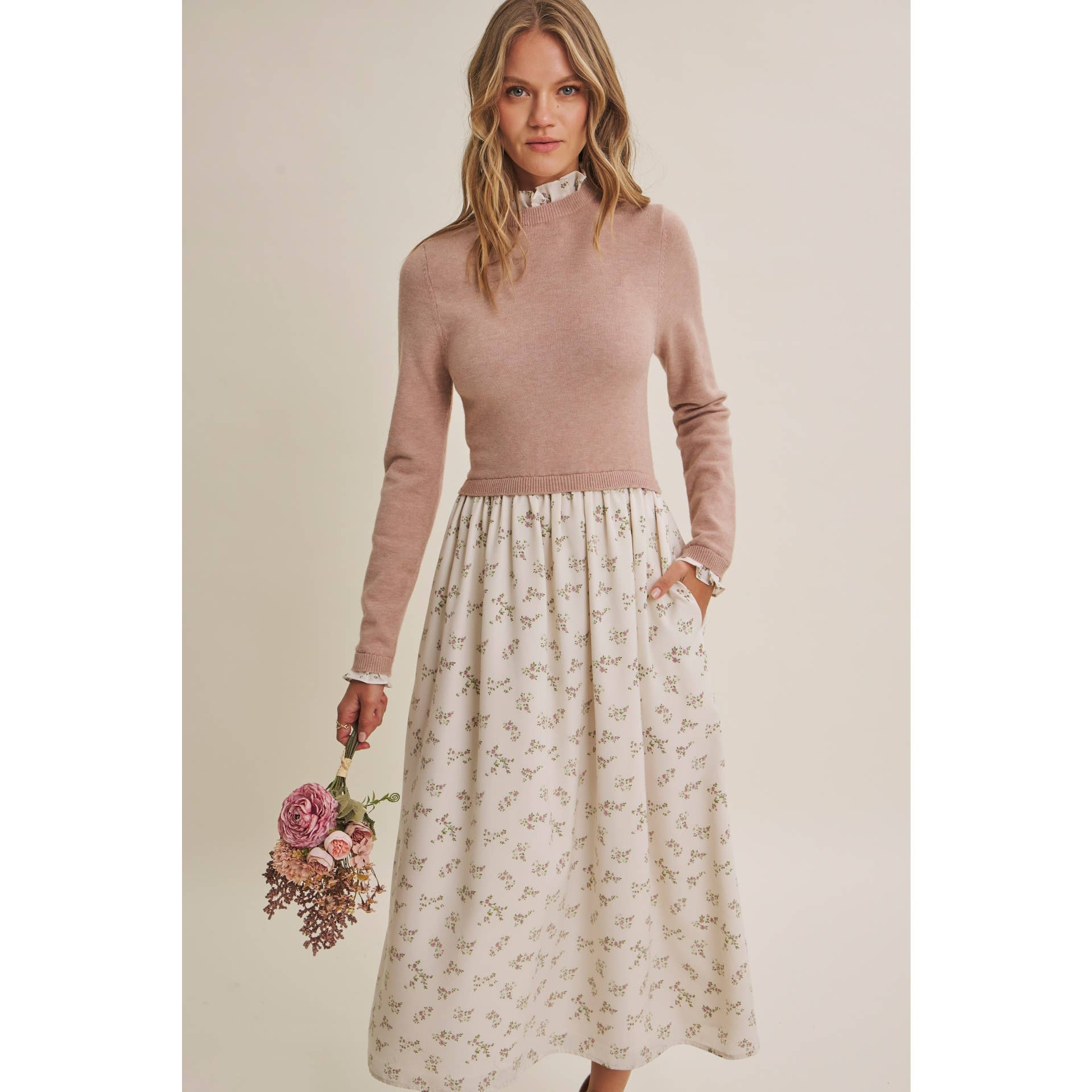PRESSED PETALS VISCOSE BLEND SWEATER TWOFER MIDI DRESS